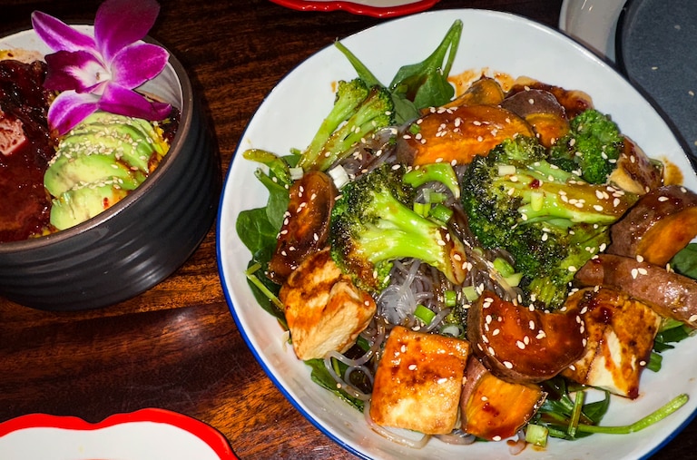 Seoul Food DC, actually located in Takoma Park, serves up flavorful vegan Korean food including the broccoli and sweet potato japchae and kimchi-based avocado salad.