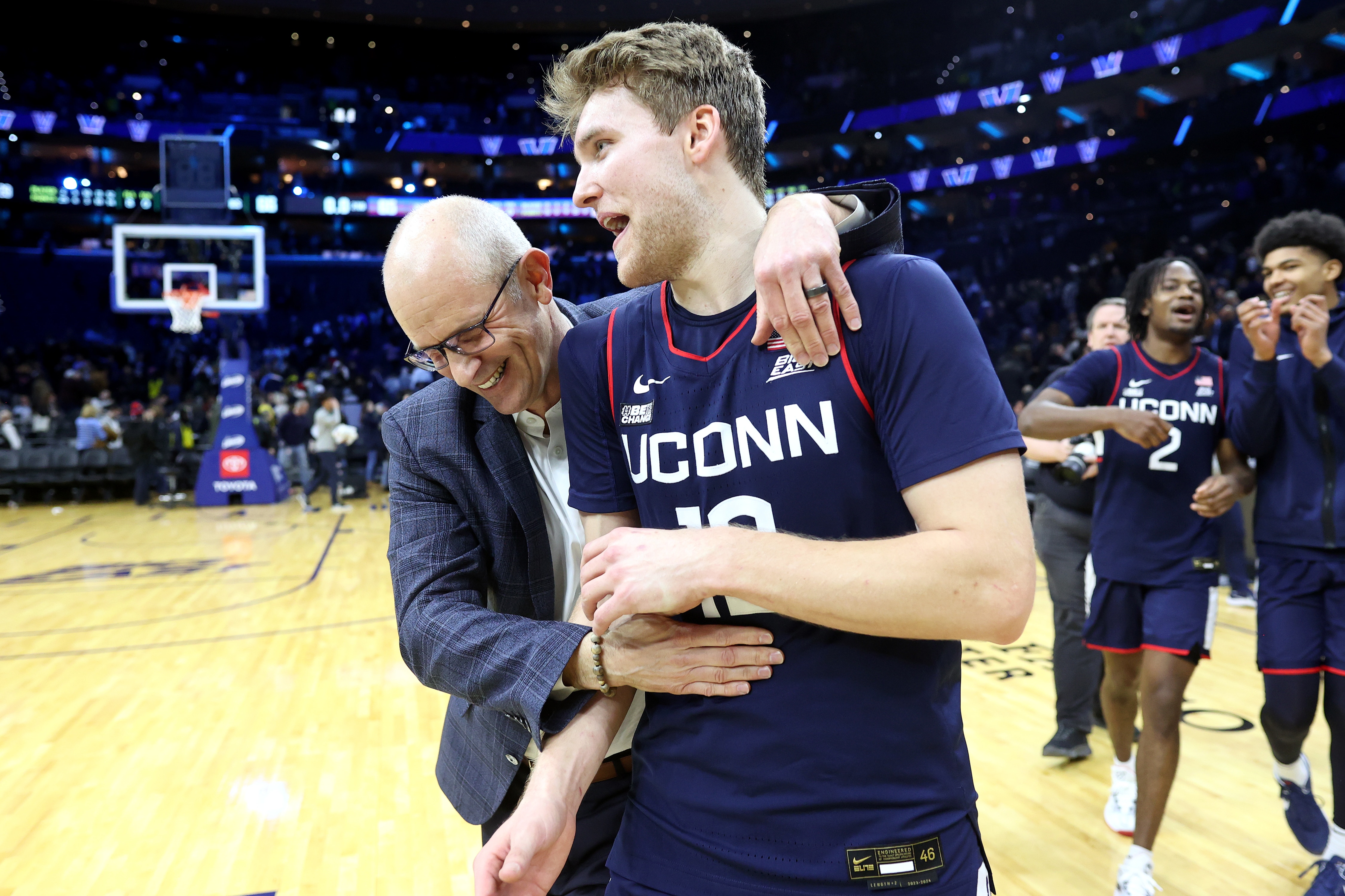 UConn head coach Dan Hurley embraces Cam Spencer after a win over Villanova in January.