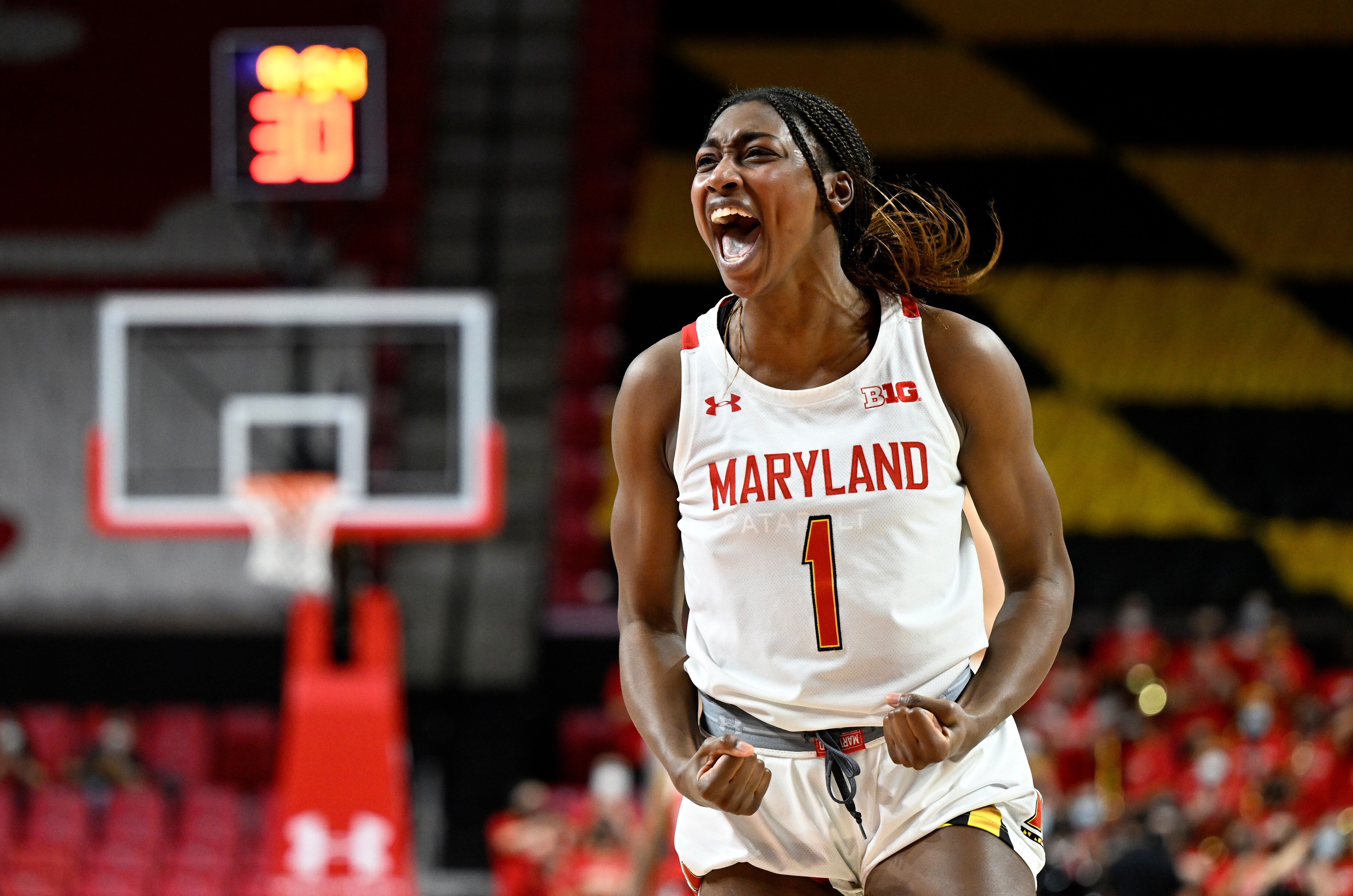 COLLEGE PARK, MARYLAND - FEBRUARY 17: Diamond Miller of the Maryland Terrapins reacts in the second half against the Ohio State Buckeyes at Xfinity Center on February 17, 2022 in College Park, Maryland. (Photo by Greg Fiume/Getty Images)