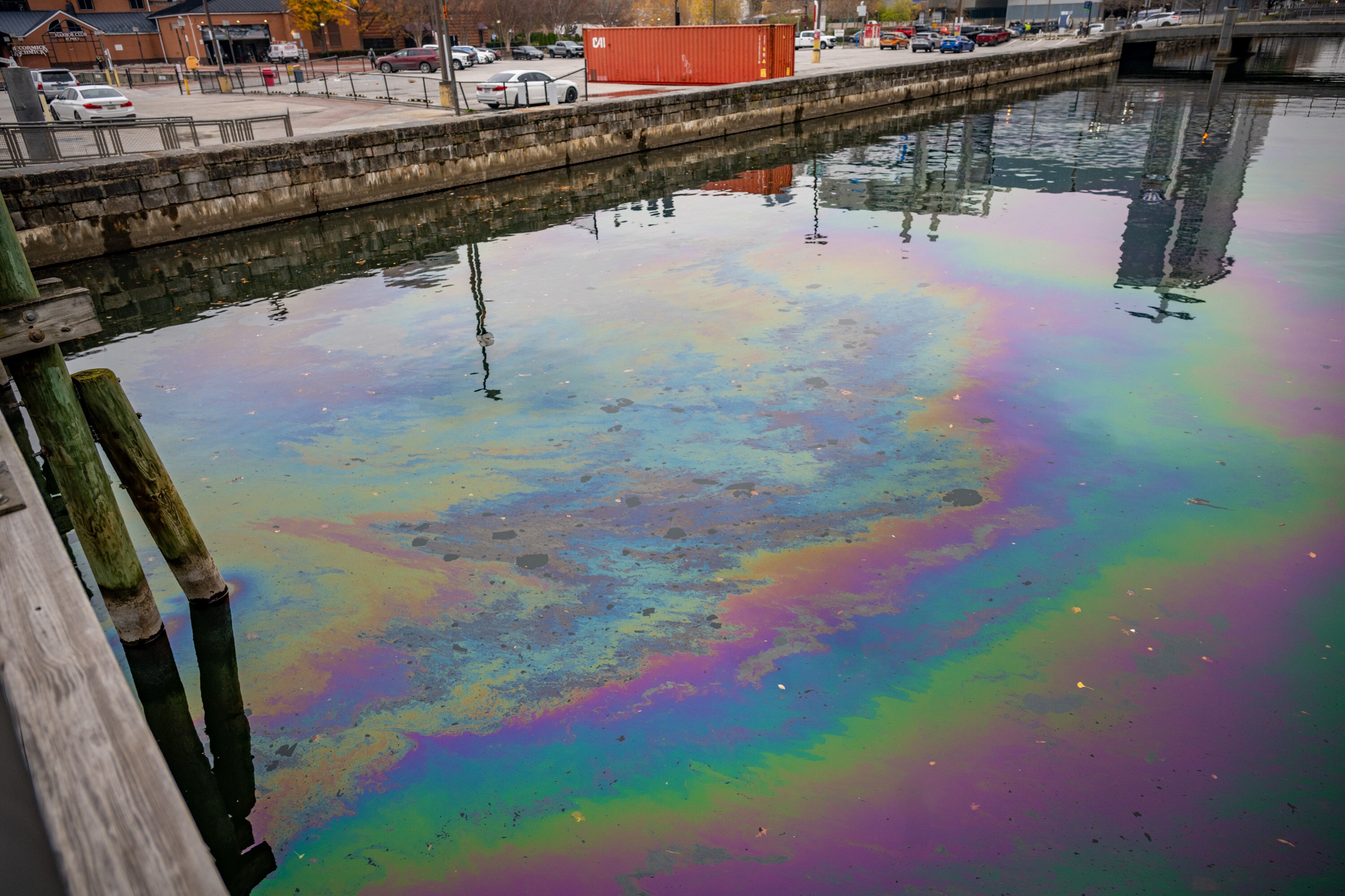 The Baltimore City Fire Department and the Maryland Department of the Environment were on-site to assess the source and potential impact of an oil sheen in the Inner Harbor.