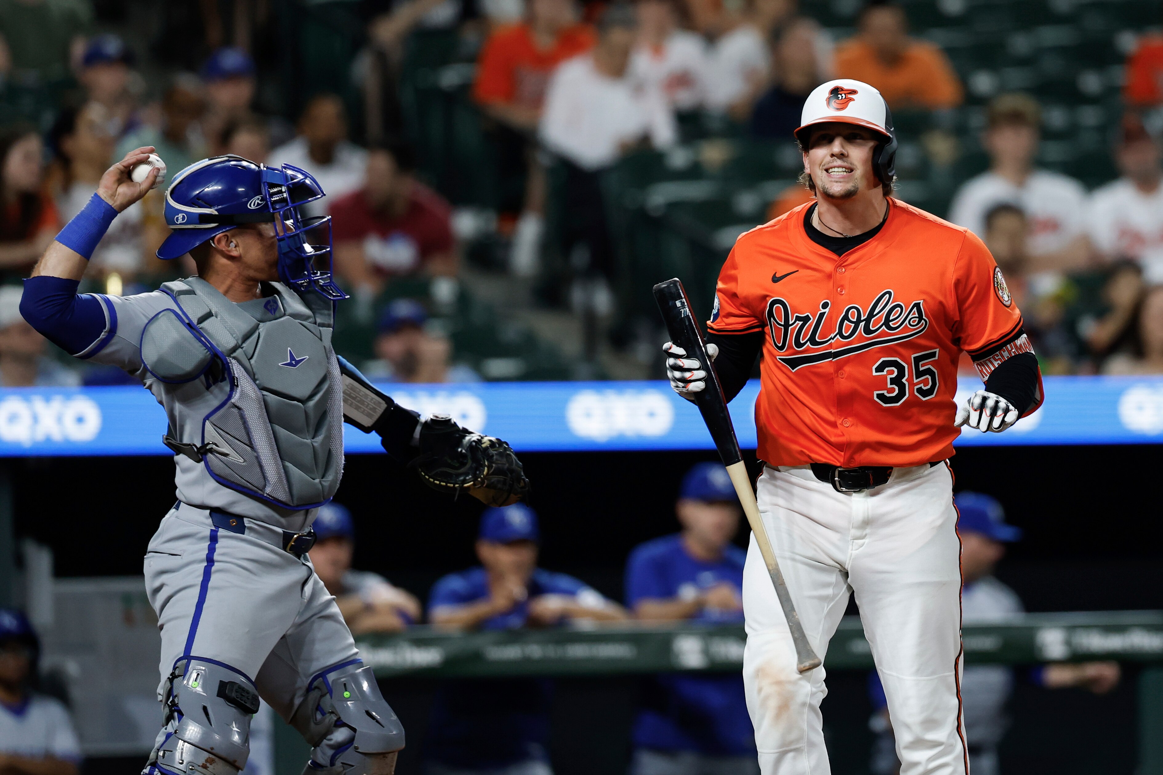Adley Rutschman (35) reacts after striking out against Kansas City Royals pitcher Kris Bubic on May 3.