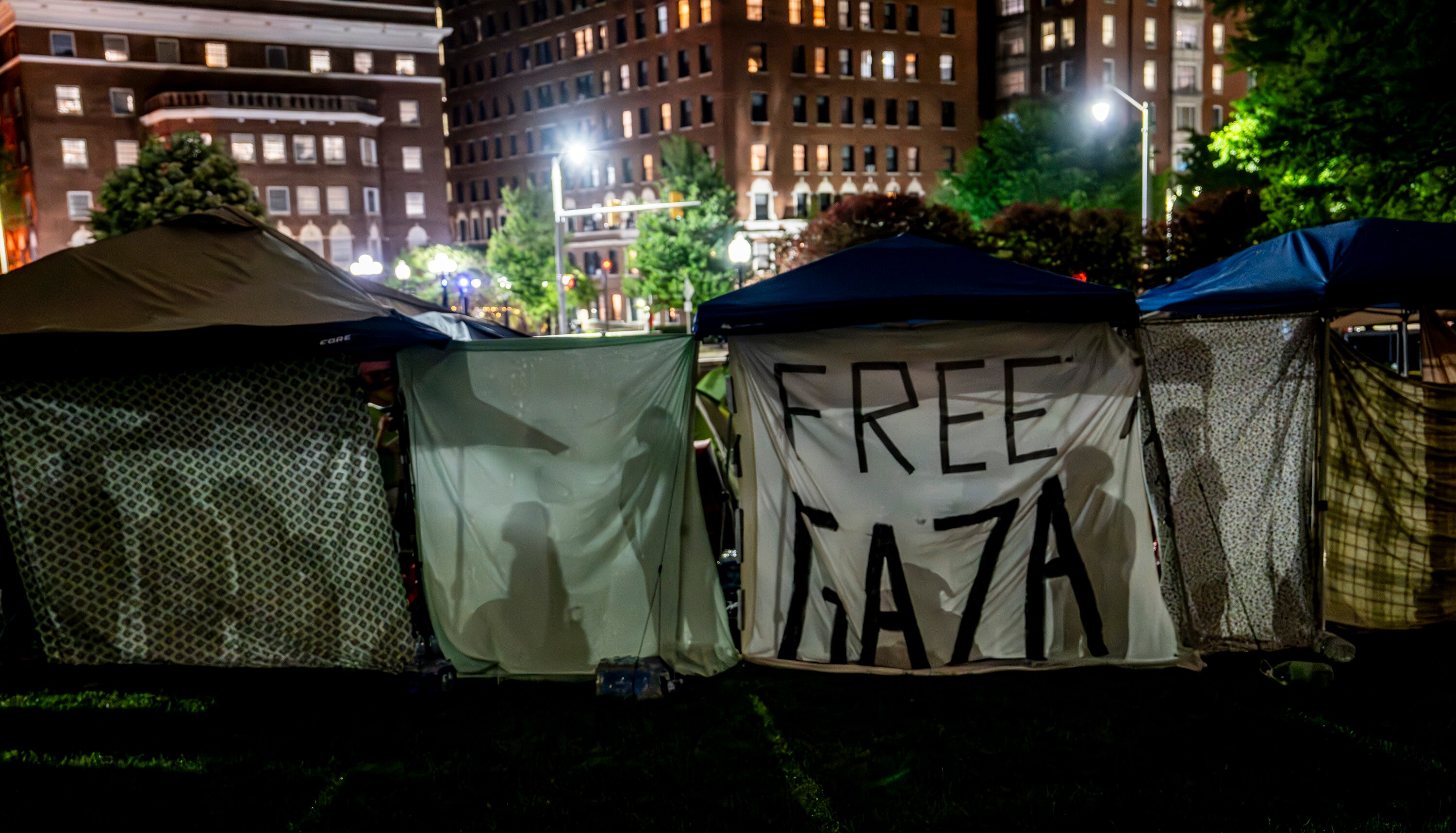 As of midnight Wednesday, the encampment at the Johns Hopkins University, which began Monday afternoon, remained standing as rain began to fall.