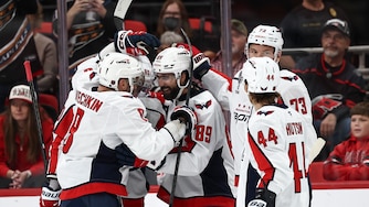 RALEIGH, NORTH CAROLINA - OCTOBER 02: Alex Tuch #89 of the Washington Capitals celebrates a goal scored during the first period of the game against the Carolina Hurricanes at Lenovo Center on October 02, 2026 in Raleigh, North Carolina. (Photo by Jared C. Tilton/Getty Images)