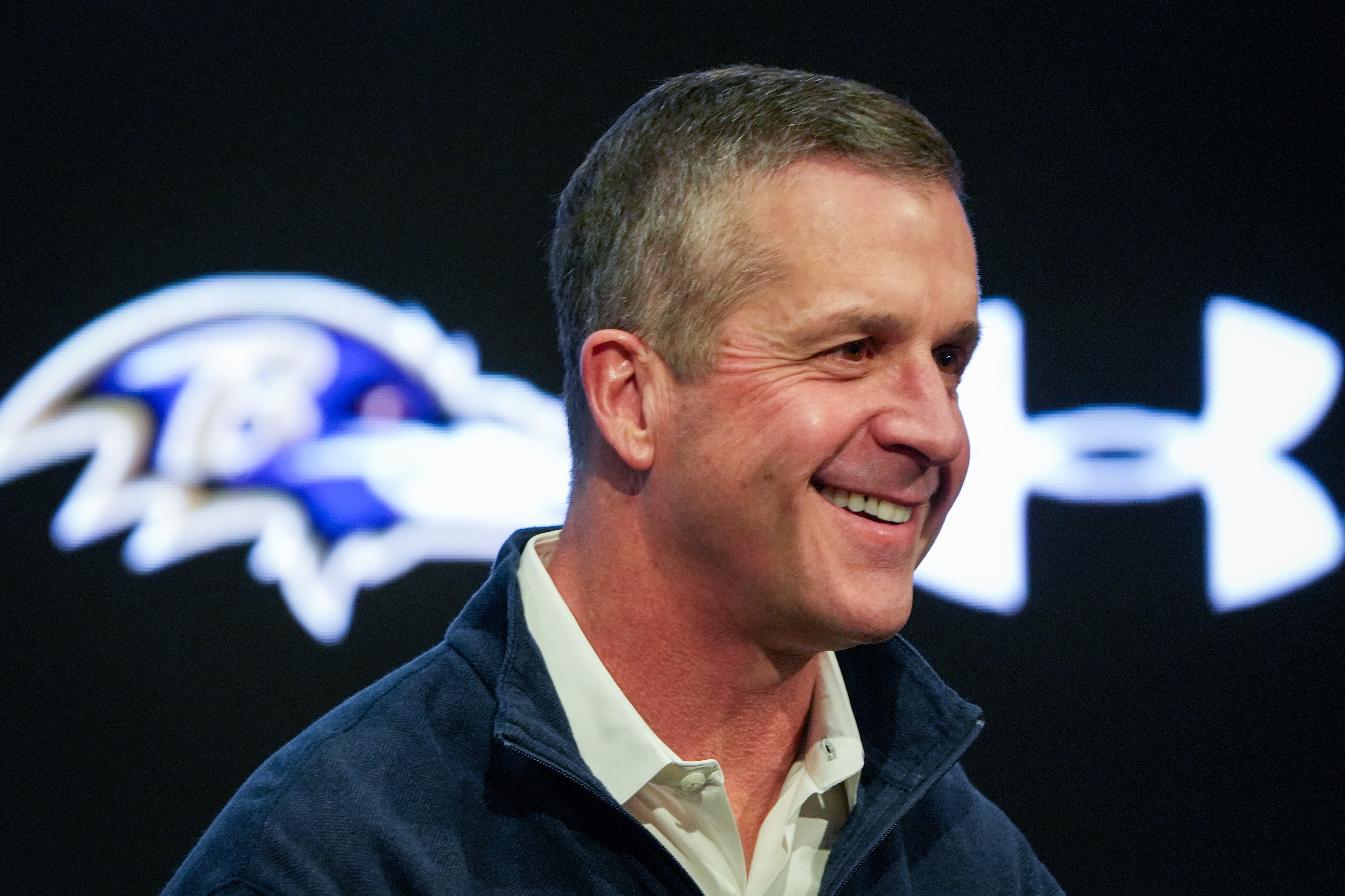 Baltimore Ravens head coach John Harbaugh takes questions during the team’s end-of-year news conference on Feb. 2.