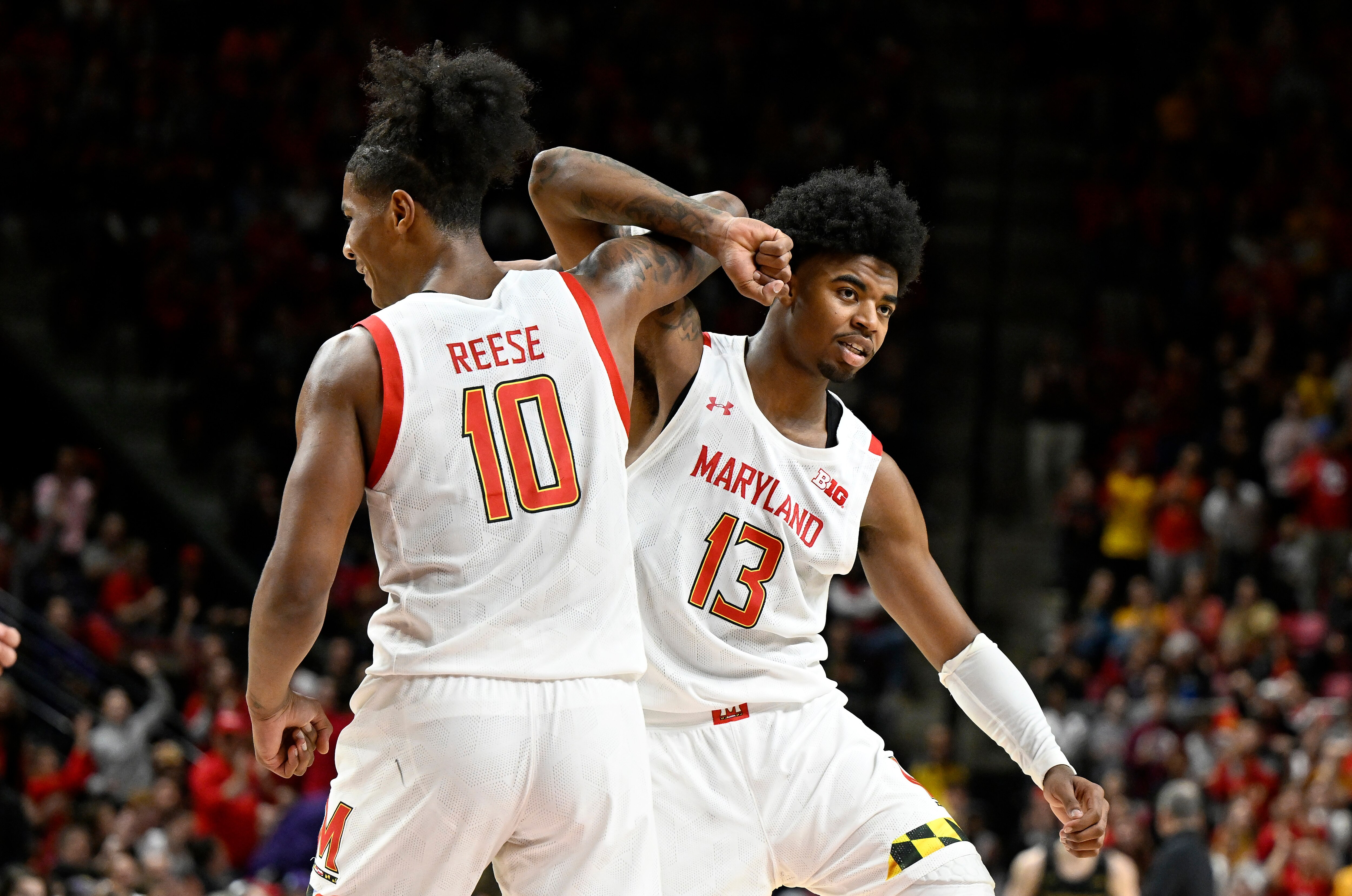 COLLEGE PARK, MARYLAND - FEBRUARY 26: Julian Reese #10 and Hakim Hart #13 of the Maryland Terrapins celebrate in the second half of the game against the Northwestern Wildcats at Xfinity Center on February 26, 2023 in College Park, Maryland. (Photo by Greg Fiume/Getty Images)