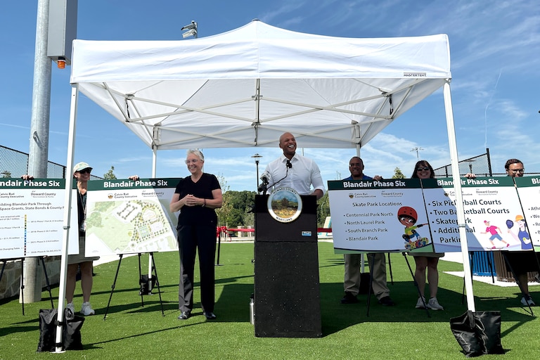 Gov. Wes Moore delivers remarks at the Blandair Regional Park phase six ribbon cutting on Friday June 5th in Columbia.
