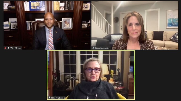 Hillary Rodham Clinton, the former U.S. secretary of state and 2016 presidential candidate, speaks at a Zoom fundraiser on Oct. 25, 2022 for Wes Moore, the Democratic nominee for governor of Maryland. Moore supporter Lissa Muscatine moderated the conversation for more than 120 supporters.