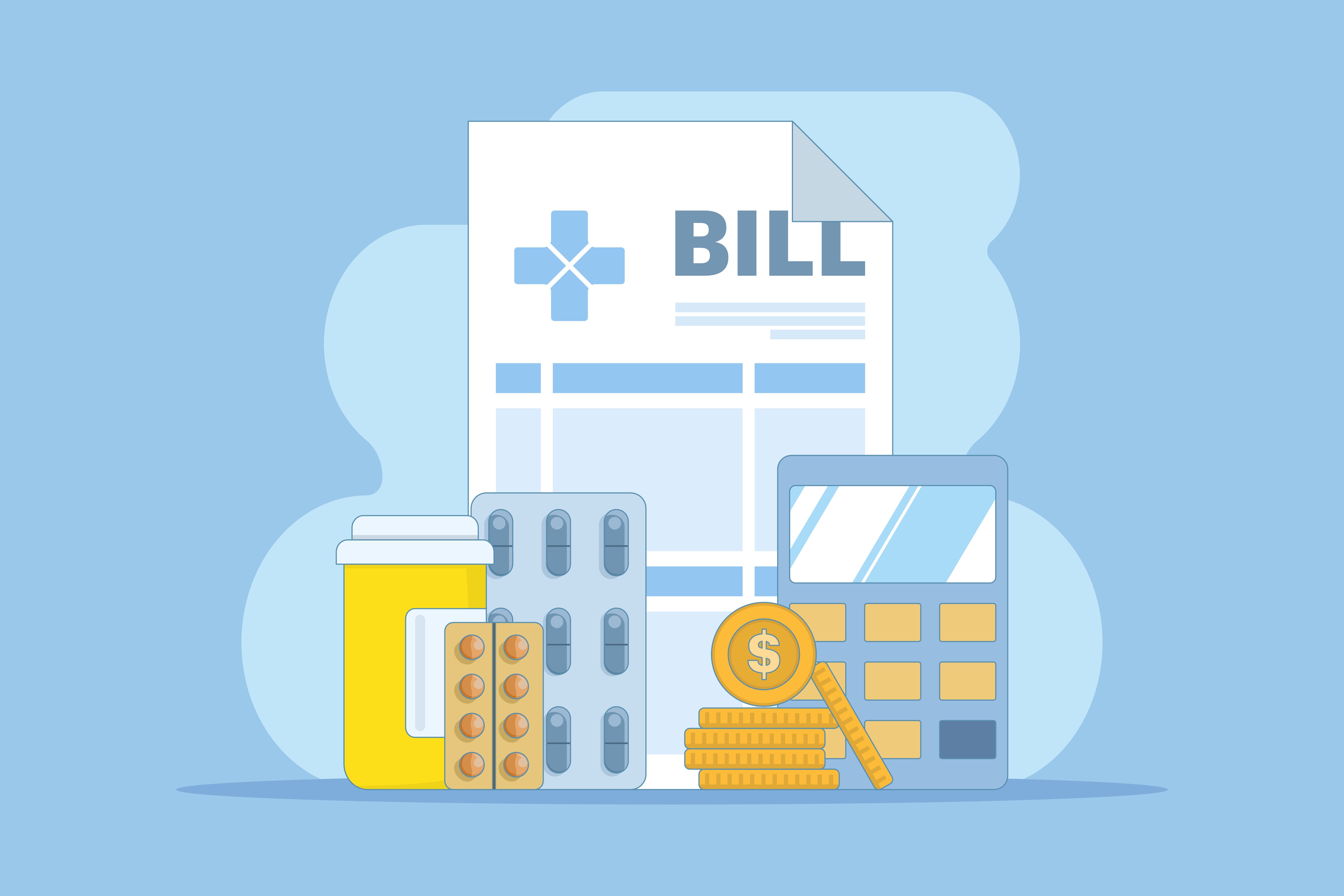 Hospital bill concept, invoice service fee, money wallet, medicine bottle or pills. Hospital Medical Billing Service with Health Form for Hospitalization or Treatment.