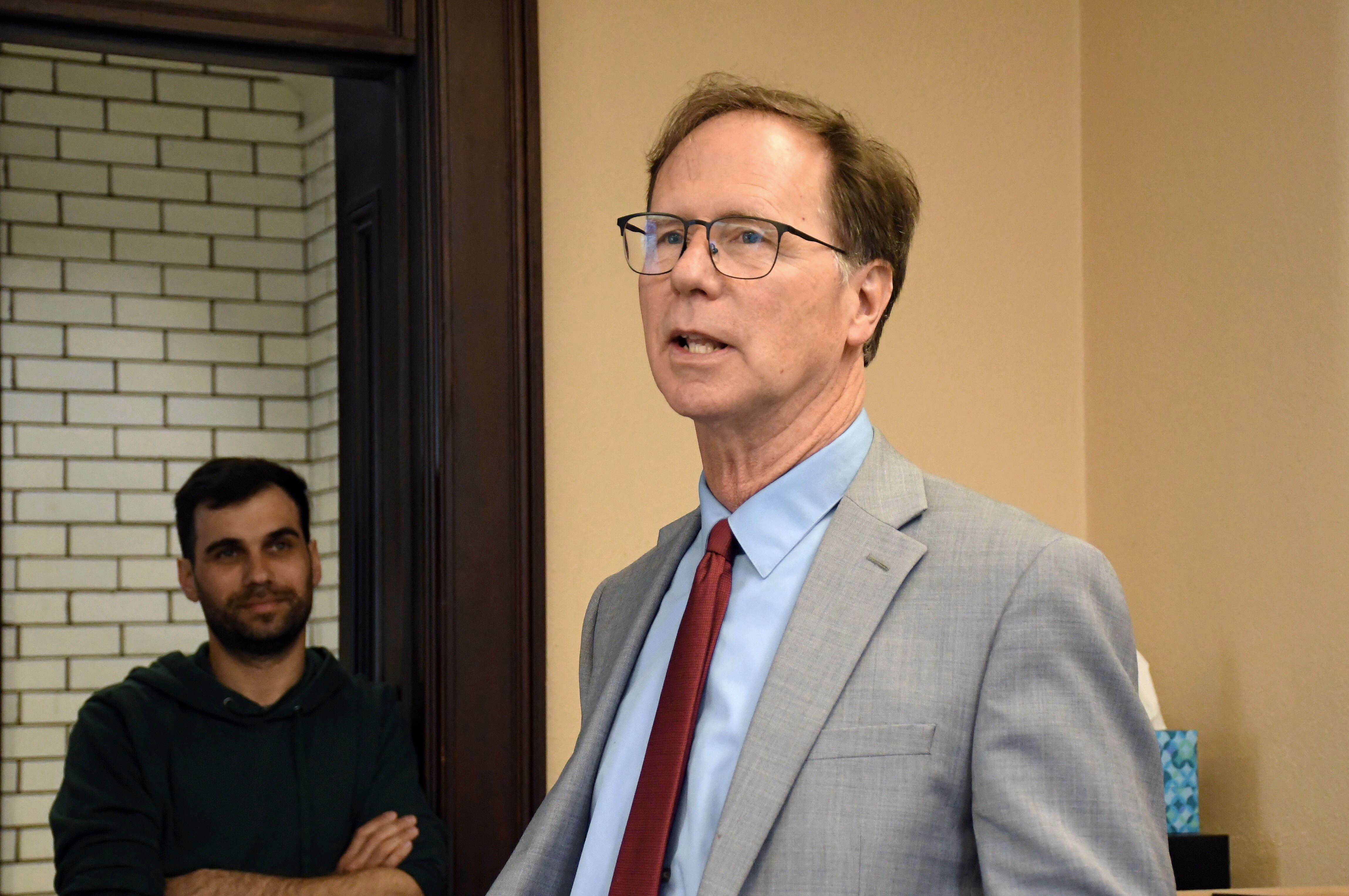 Wednesday, March 11, 2026 - Maryland Democratic Party Chairman Steuart Pittman speaks with reporters at the State House in Annapolis about the party's "Contest Every Seat" initiative. Democrats have fielded candidates for all 188 seats in the Maryland General Assembly for the 2026 election.
