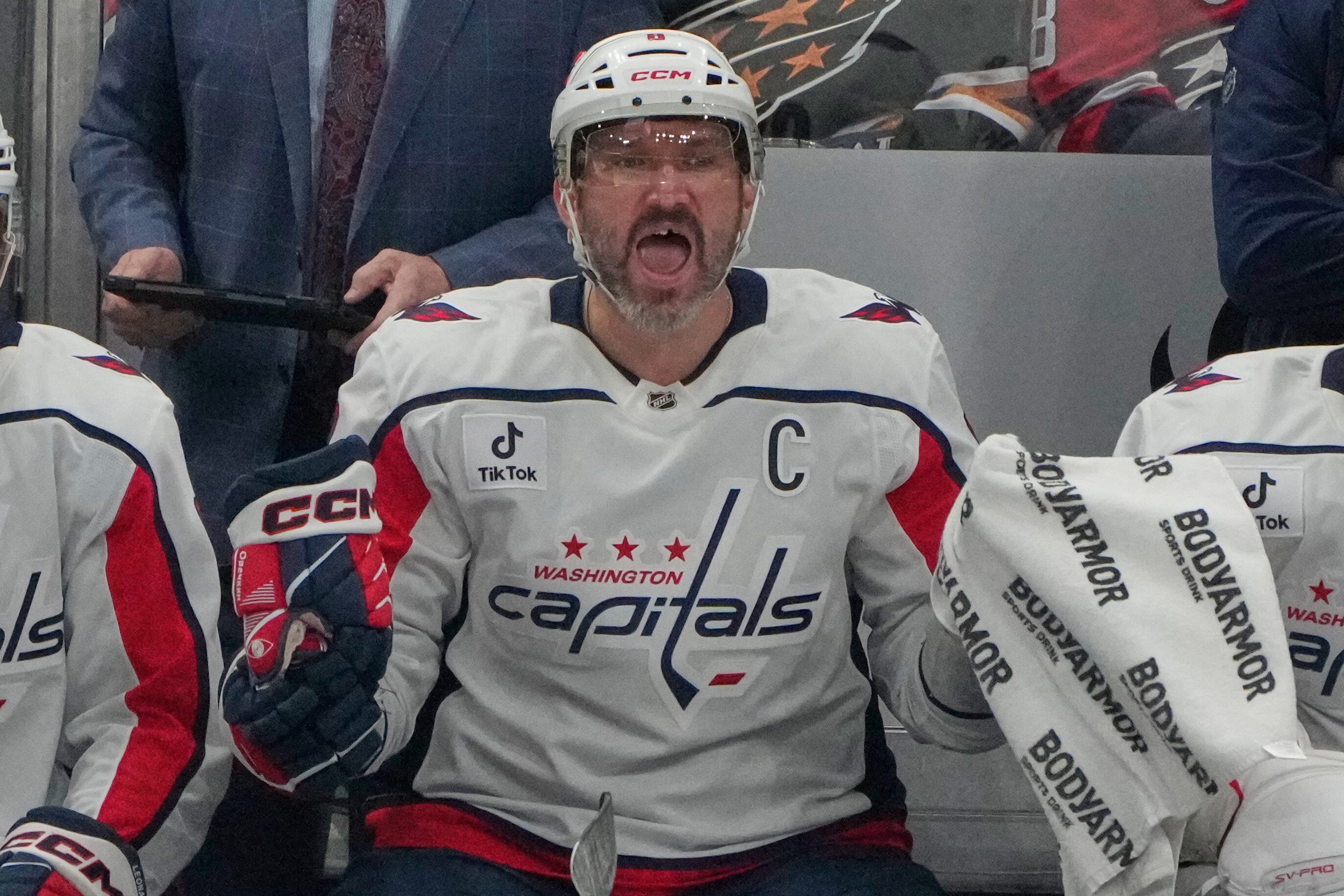 Washington Capitals left wing Alex Ovechkin shouts from the bench in the second period of an NHL hockey game against the Columbus Blue Jackets.