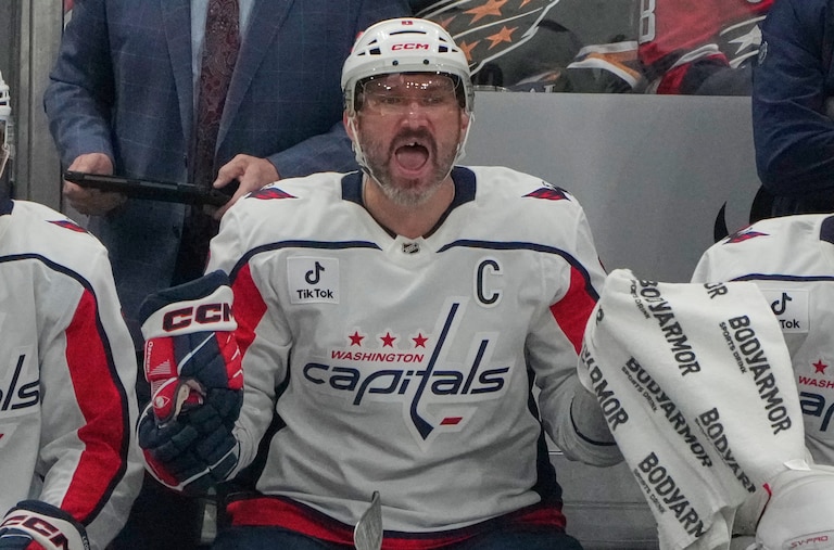 Washington Capitals left wing Alex Ovechkin shouts from the bench in the second period of an NHL hockey game against the Columbus Blue Jackets.