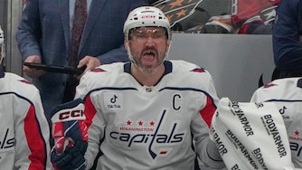 Washington Capitals left wing Alex Ovechkin shouts from the bench in the second period of an NHL hockey game against the Columbus Blue Jackets.