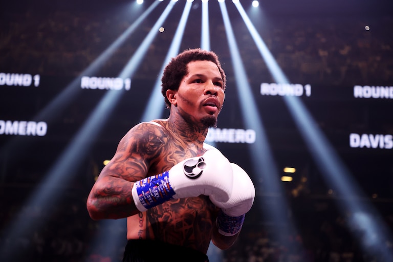 BROOKLYN, NEW YORK - MAY 28: Gervonta Davis in action against Rolando Romero during their fight for Davis' WBA World lightweight title at Barclays Center on May 28, 2022 in Brooklyn, New York.