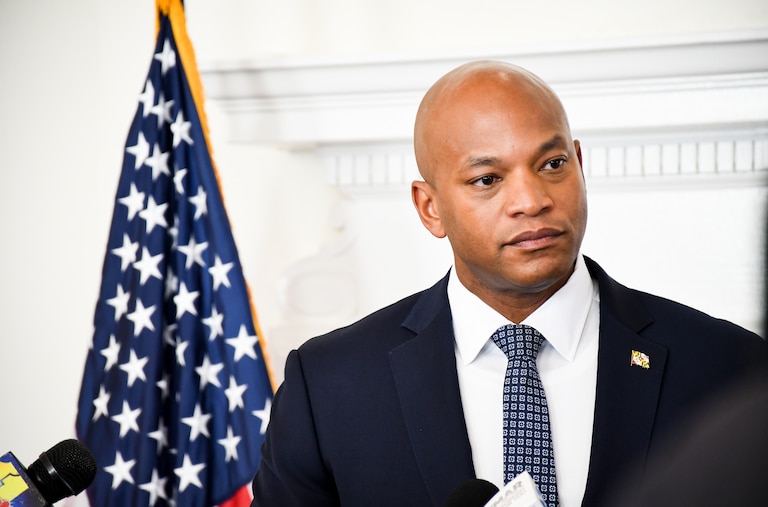 Gov. Wes Moore speaks with reporters at the State House in Annapolis on Friday, Jan. 16, 2026.