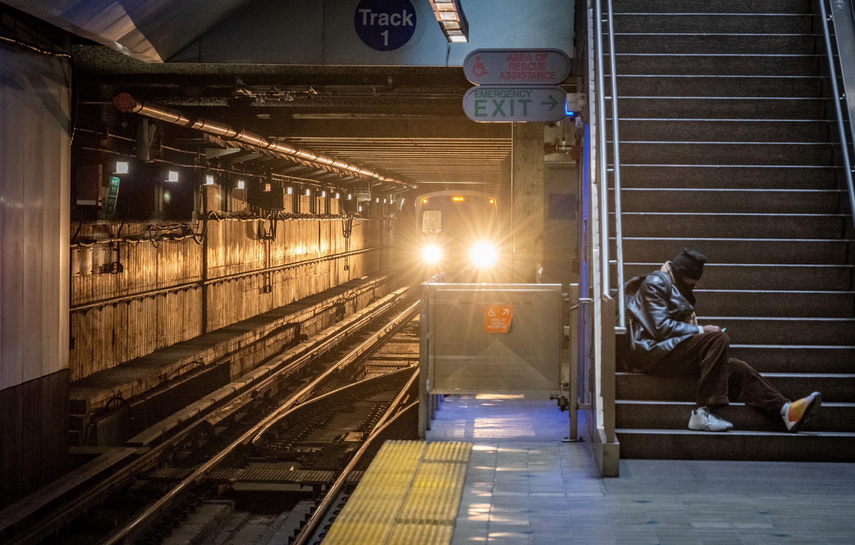 A train approaches the MTA Metro SubwayLink station at Johns Hopkins Hospital.