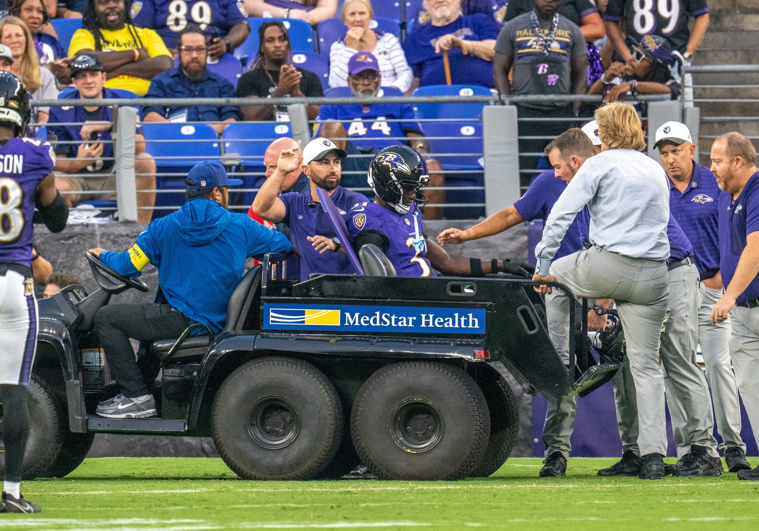 Thursday, Aug. 7, 2025 — Baltimore Ravens cornerback Bilhal Kone is carted off the field after suffering a knee injury in the Ravens’ first preseason game against the Indianapolis Colts on Thursday night at M&T Bank Stadium.