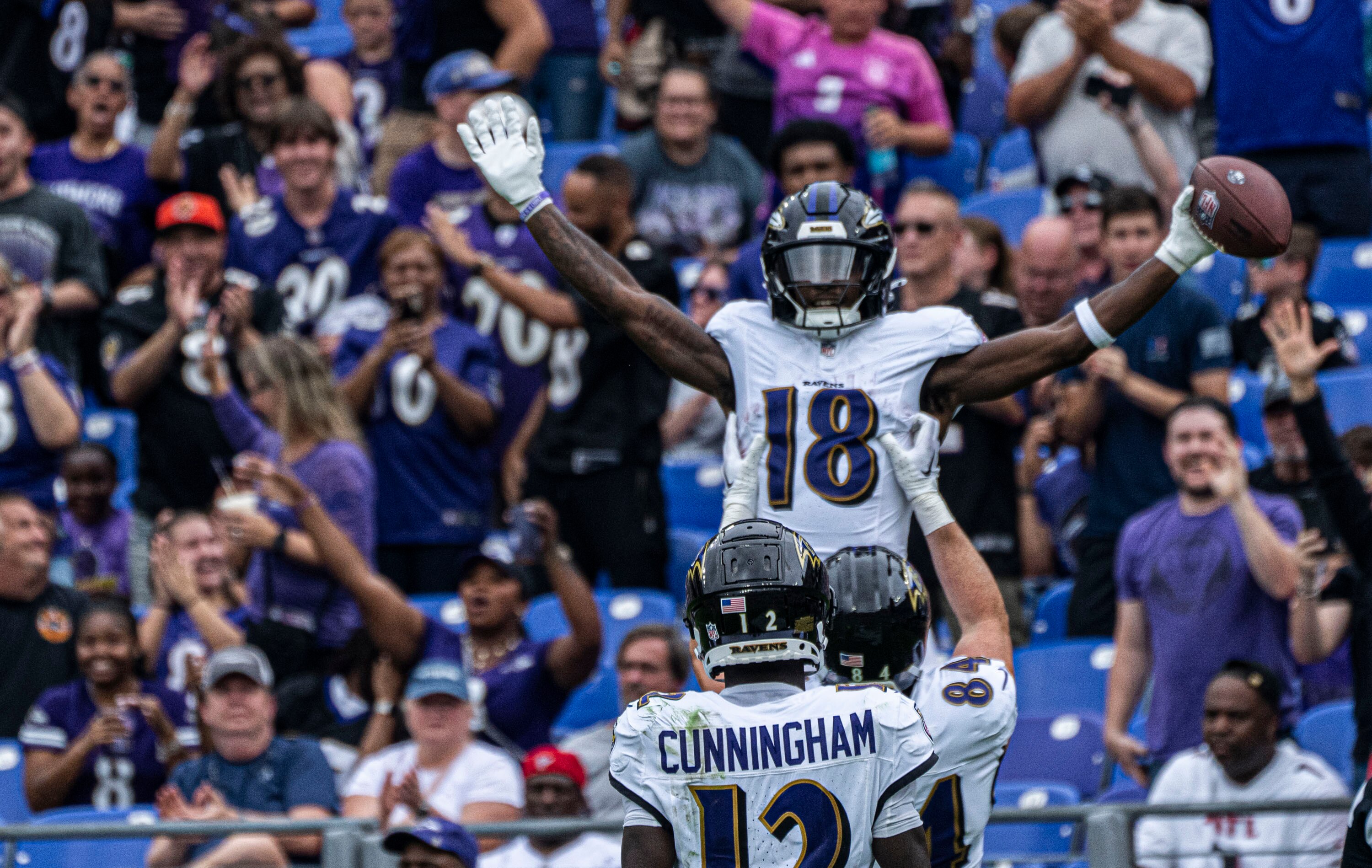Ravens wide receiver Dayton Wade and teammates celebrate a touchdown Saturday during a preseason victory over the Atlanta Falcons.