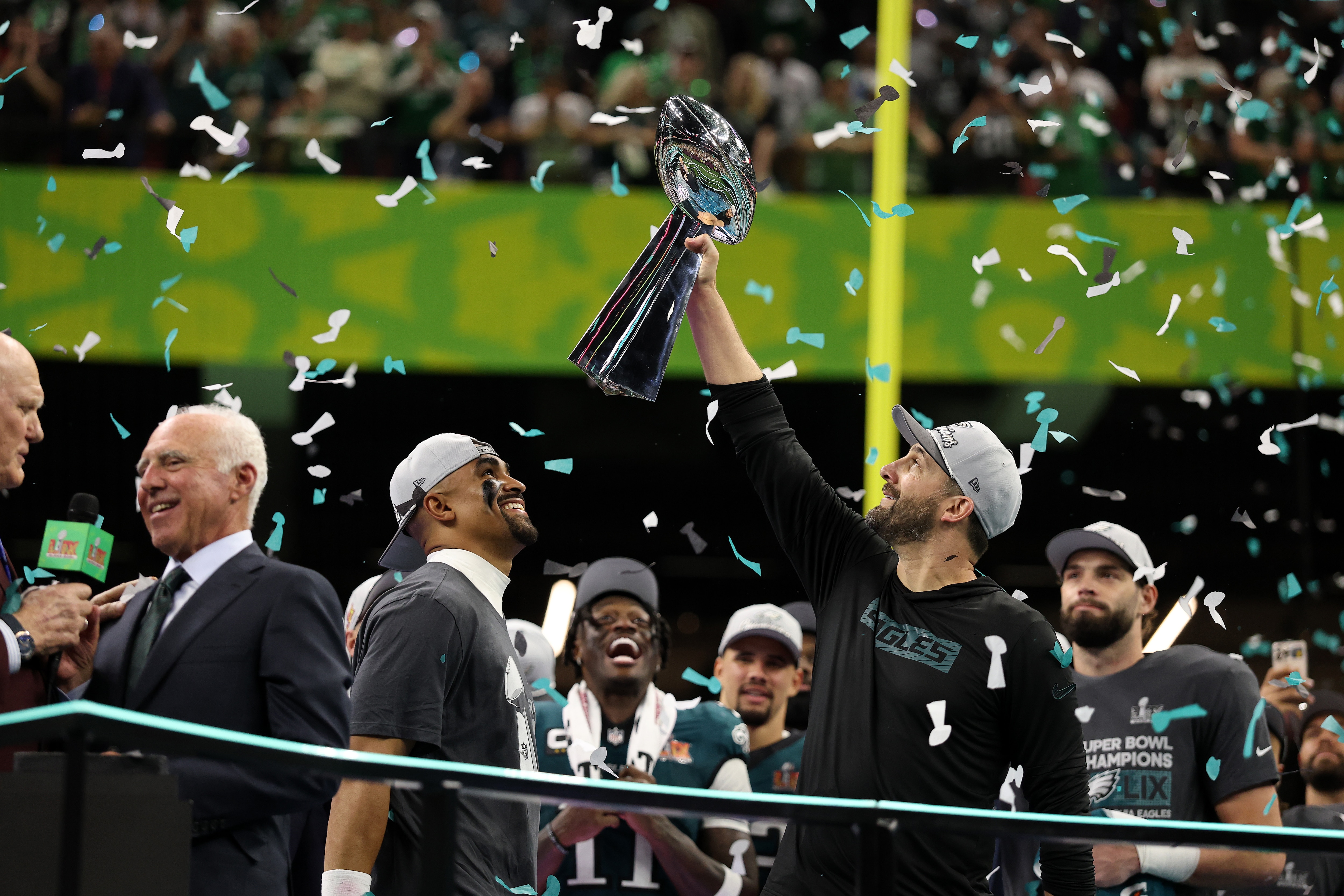 Eagles head coach Nick Sirianni lifts the Vince Lombardi Trophy after beating Kansas City 40-22 to win Super Bowl LIX in a game that proved the Chiefs are vulnerable. 