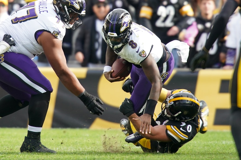 Steelers' #90m T.J. Watt sacked Ravens Lamar Jackson witn .15 second to play in thge game sealing a 17-10 Steeler victory Sunday Oct. 8th, 2023 at Arcisure Stadium in Pittsburgh, PA.