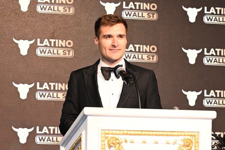 PALM BEACH, FLORIDA - FEBRUARY 10: Alex Bruesewitz speaks during Hispanic Prosperity Gala - Latino Wall Street at Mar-a-Lago on February 10, 2026 in Palm Beach, Florida.