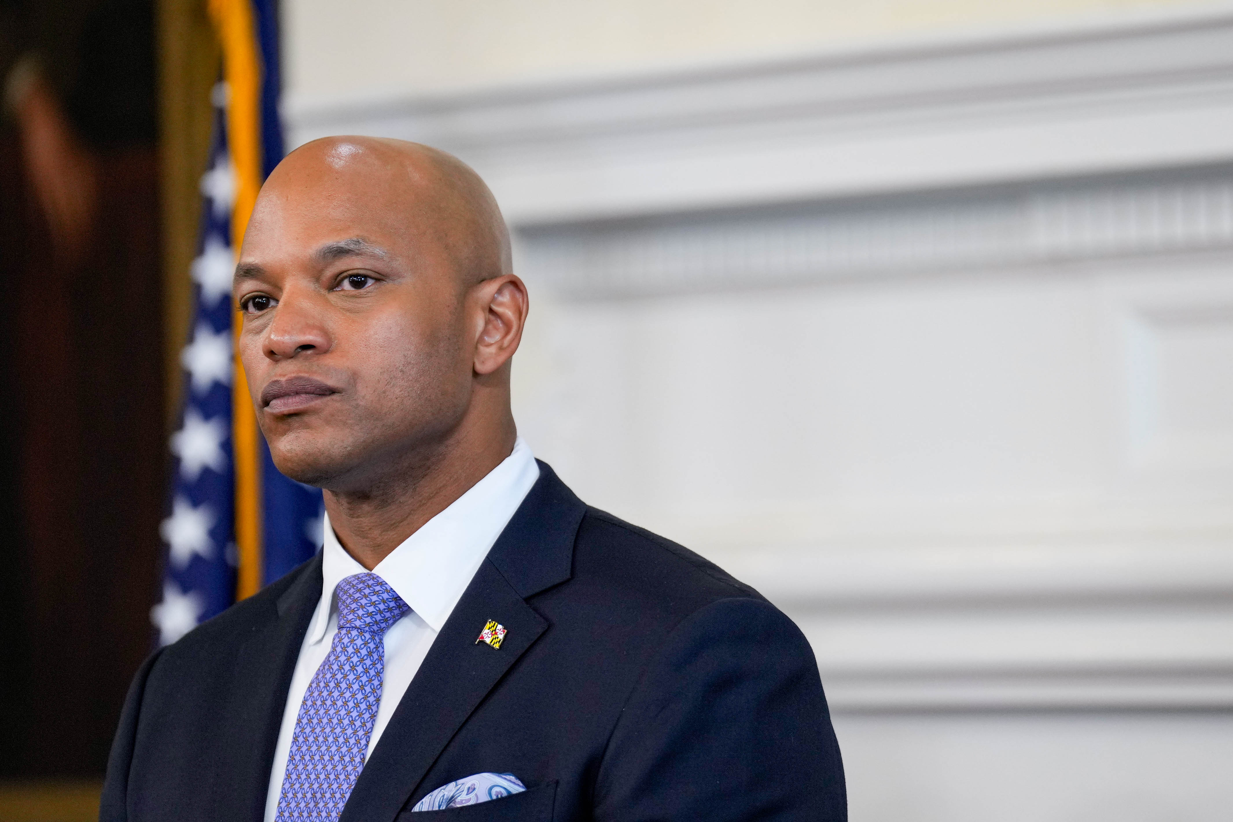 Gov. Wes Moore listens as Attorney General Anthony Brown gives remarks on Maryland’s sweeping audit of police-custody deaths during a news conference at the Maryland State House in Annapolis, Md. on Thursday, May 15, 2025.