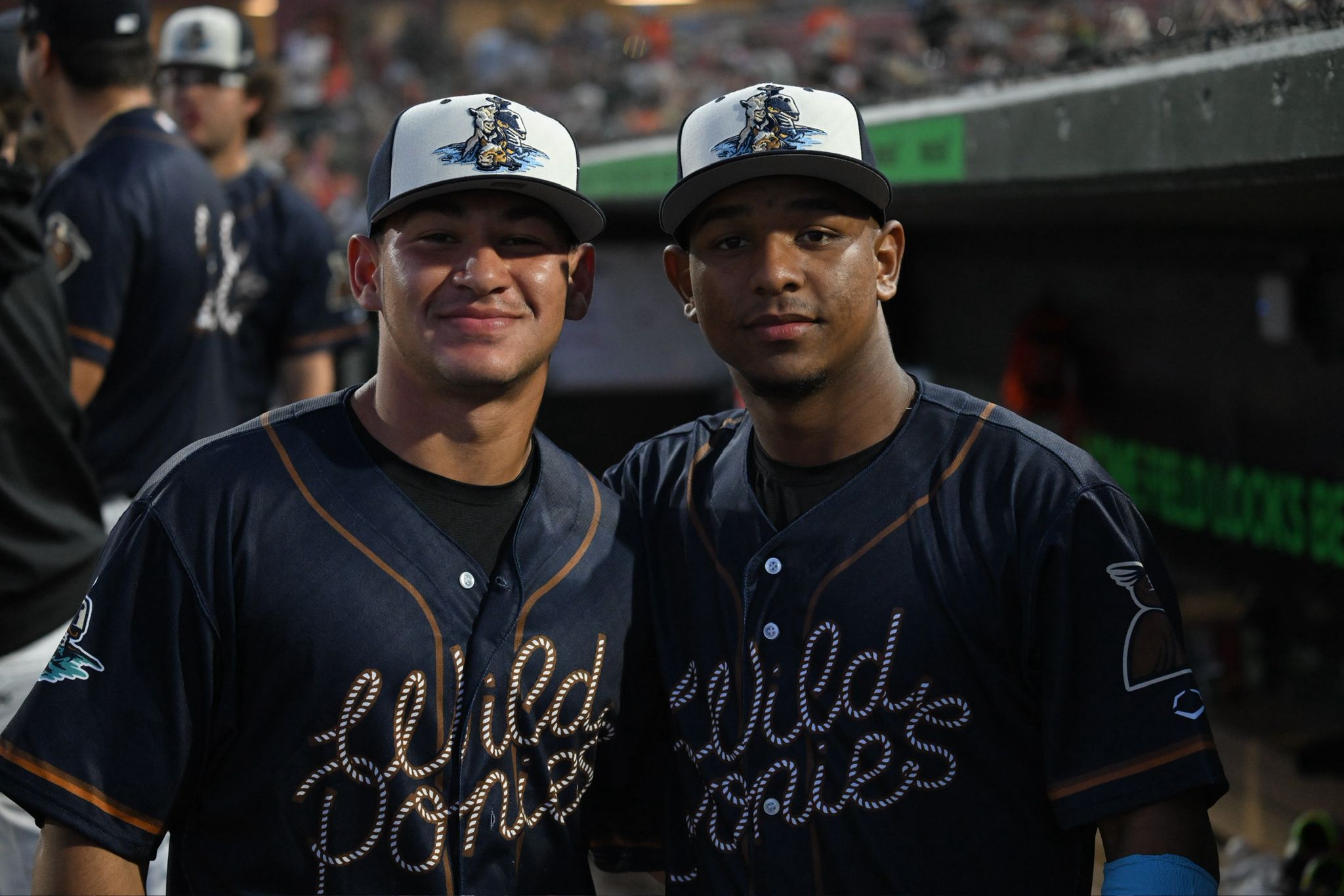 Luis Guevara and catcher Andrés Nolaya with the Wild Ponies, an alternate identity for the Delmarva Shorebirds, in 2025.
