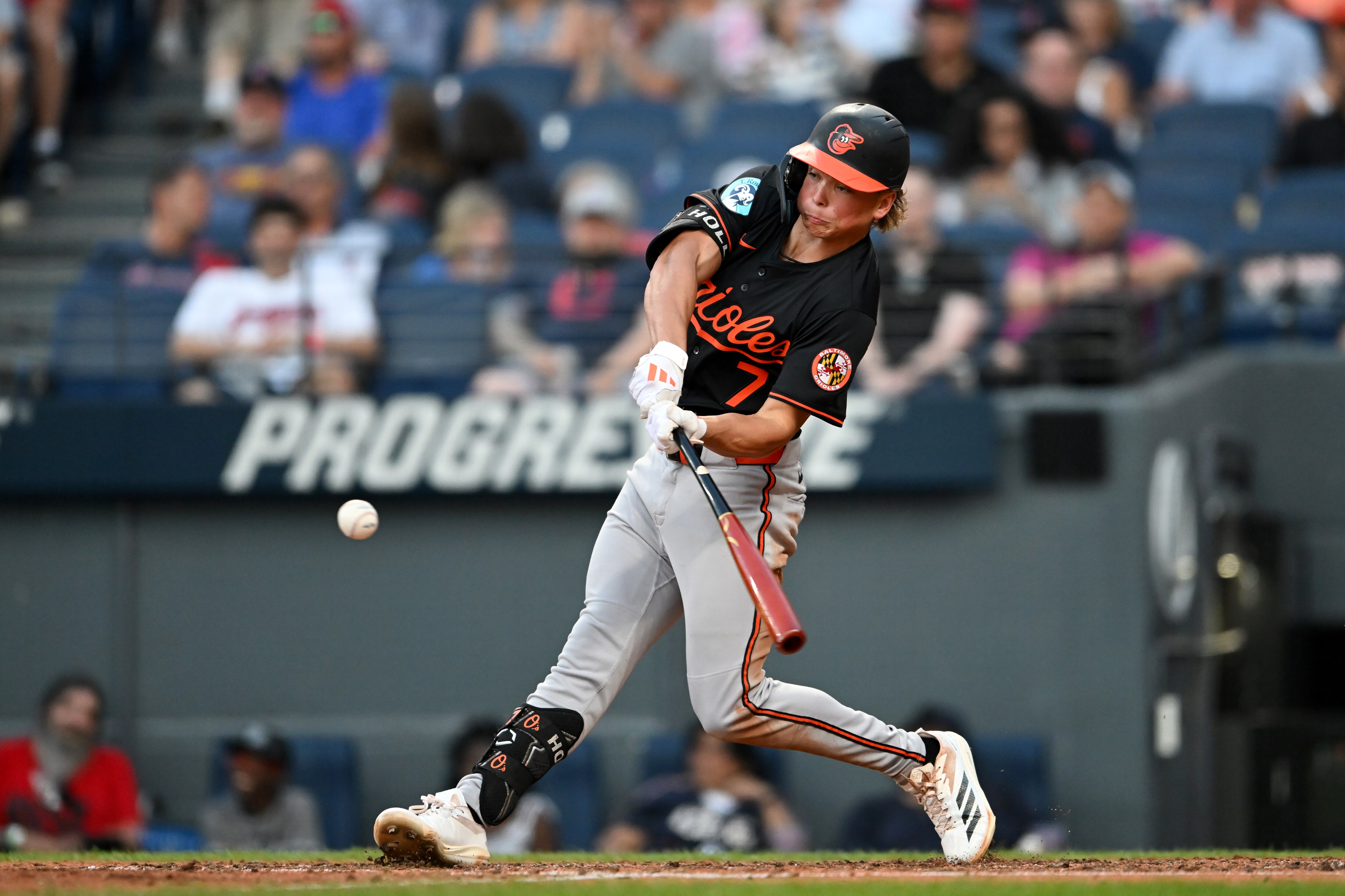 Jackson Holliday hits a solo home run during the sixth inning Wednesday night in Cleveland.