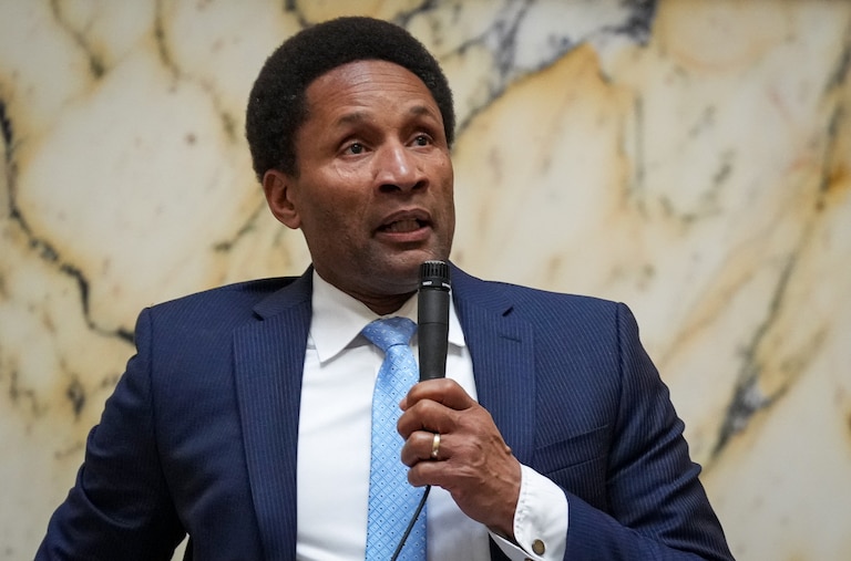 Sen. Arthur Ellis, a Charles County Democrat, speaks during floor debate at the Maryland State House on Monday, March 20, also known as Crossover Day in Annapolis. General Assembly session rules require bills to pass one chamber — either the House of Delegates or the state Senate — by the end of the day on Monday, to ensure the other chamber will consider it.