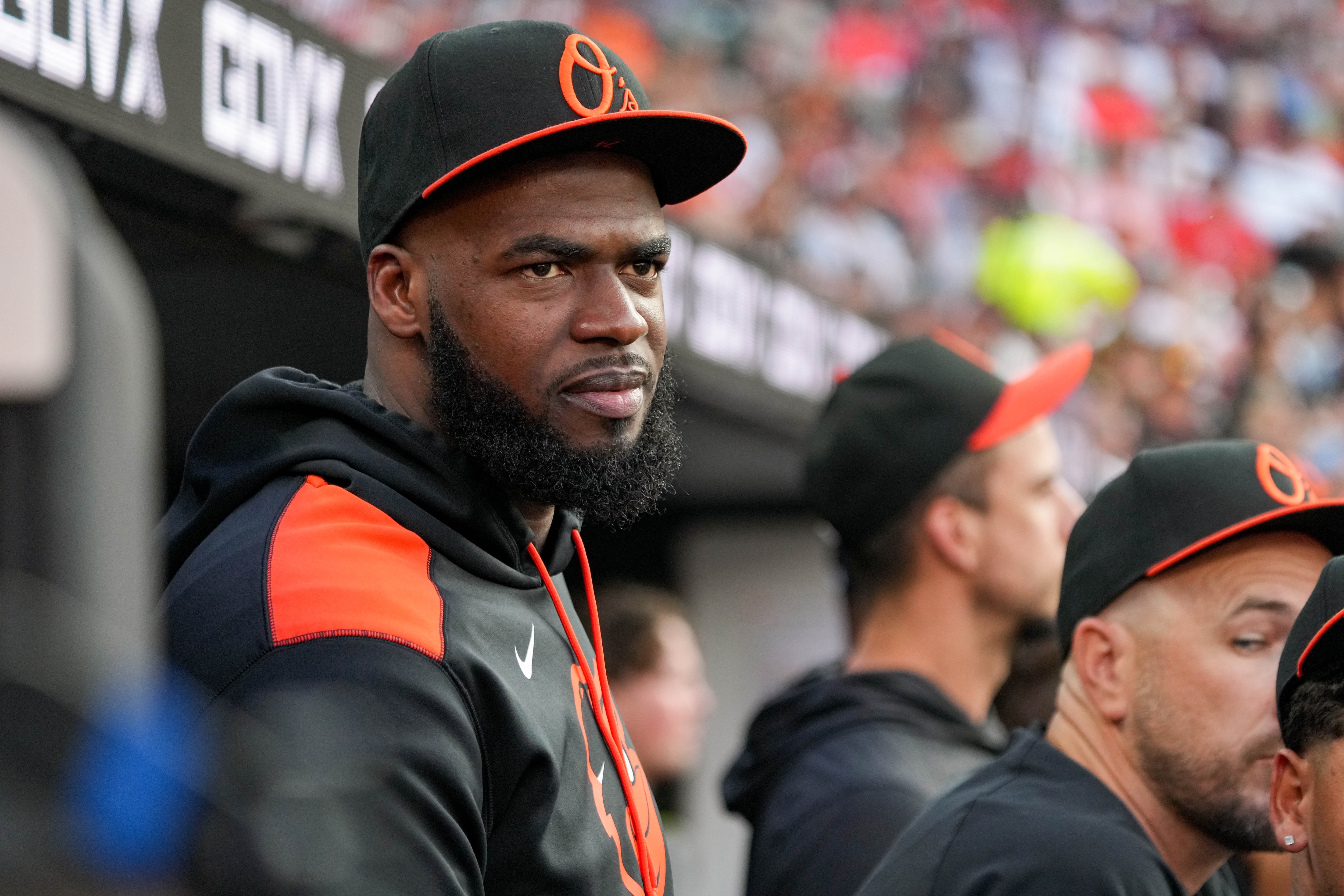 Félix Bautista watches from the dugout during a game against the Detroit Tigers on June 11.