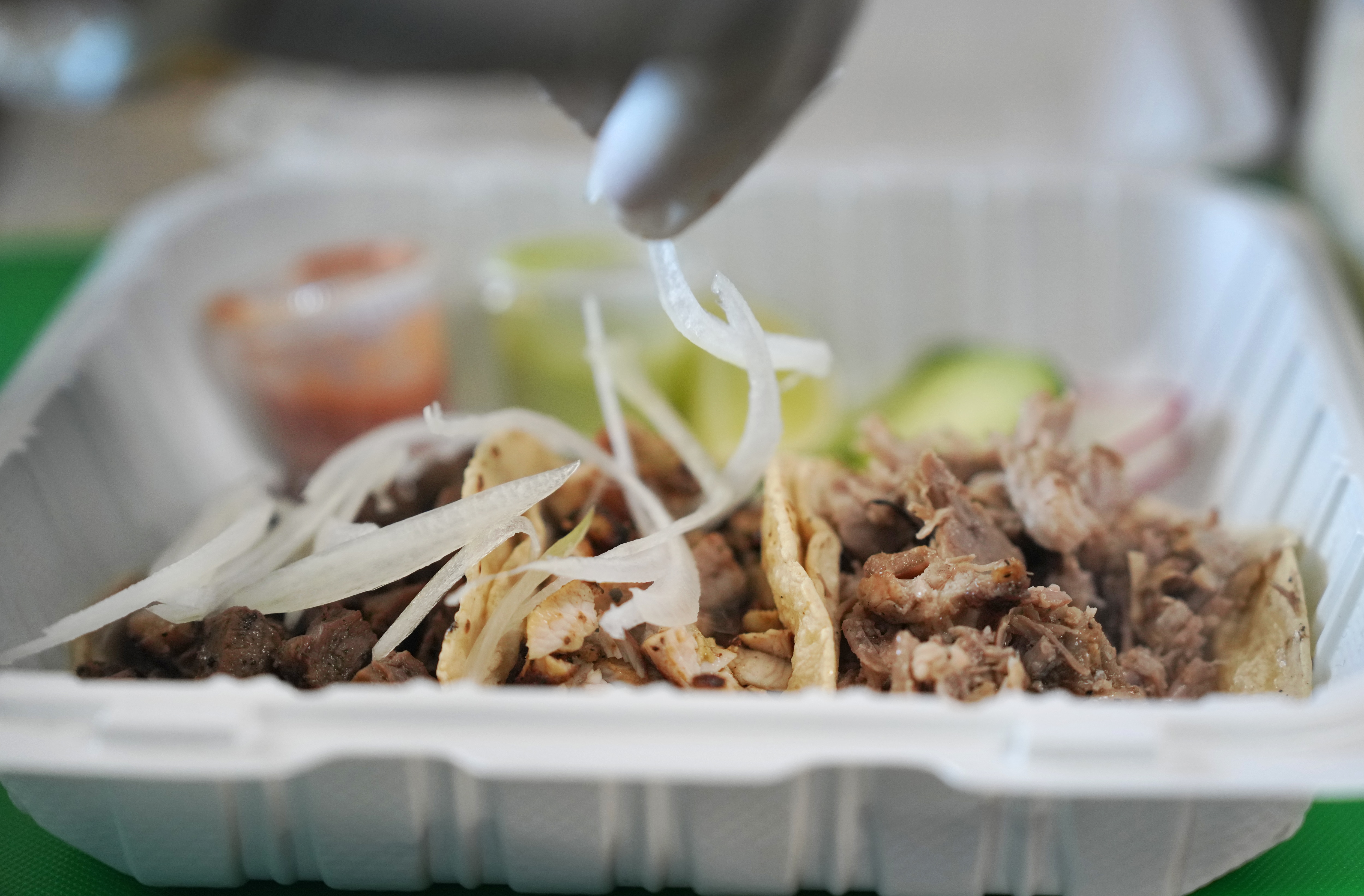 An order of tacos from chef Saul Zelaya’s Mexican food truck Hijos del Maiz, which features hand made corn tortillas cooked fresh per order in Rockville, Maryland, U.S., Feb. 1, 2026.