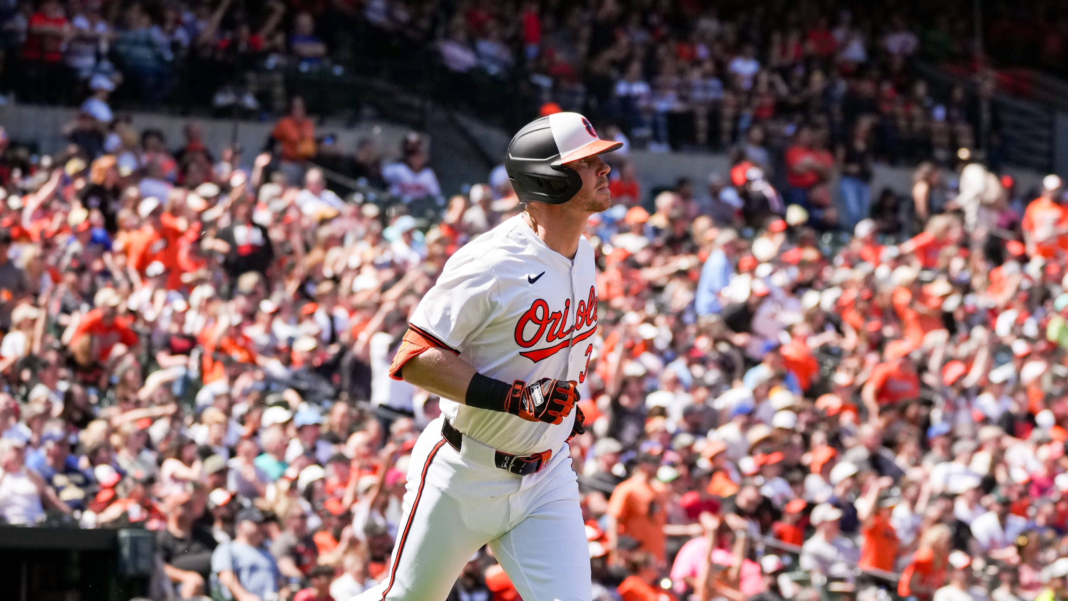 Baltimore Orioles designated hitter Ryan O'Hearn (32) rounds the bases after homering during game three of a series against the Milwaukee Brewers at Camden Yards on April 14, 2024. The Orioles beat the Brewers, 6-4, to avoid getting swept in the series.