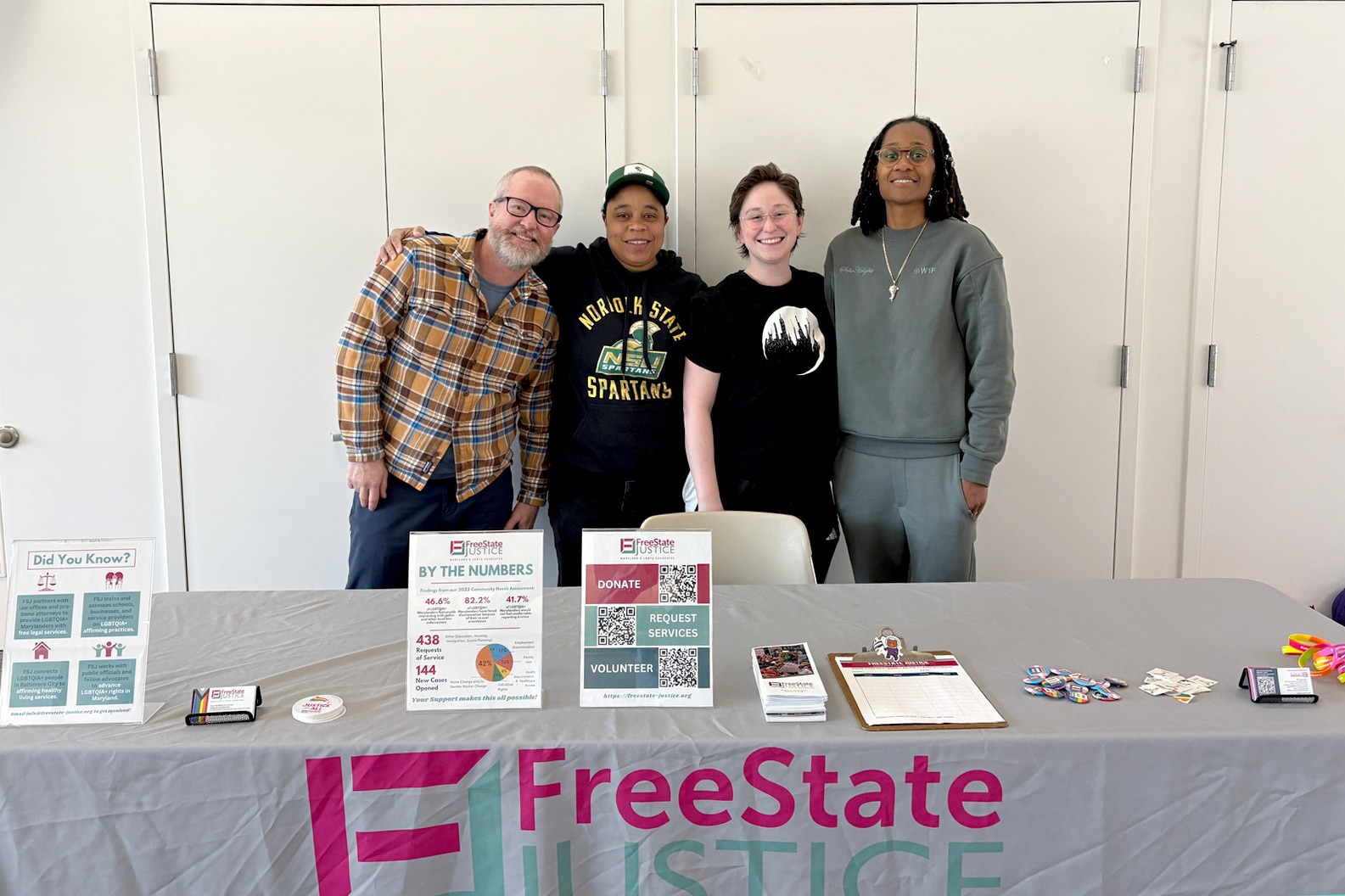 From left, FreeState Justice staff attorney Matthew Dare, legal director Lauren Pruitt, staff attorney Amanda Donoghue, and program coordinator Traé McWhite offer legal and other services at a local resource fair in 2025.