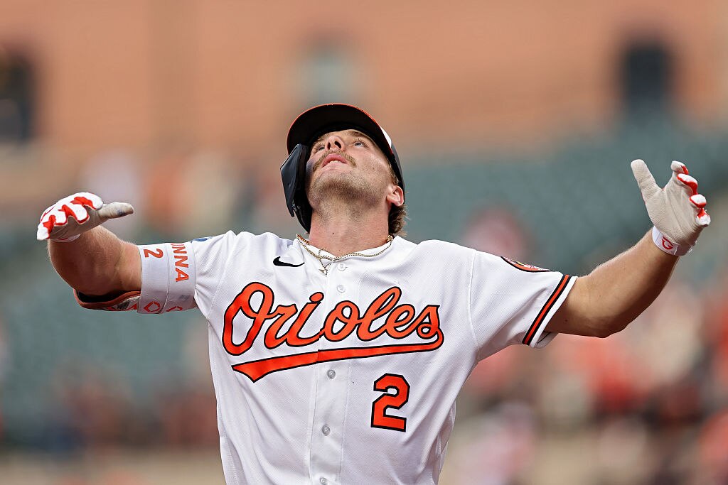 Orioles shortstop Gunnar Henderson celebrates after hitting a home run against the Tampa Bay Rays during the first inning.