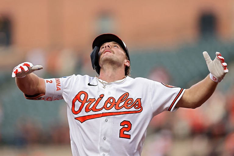 Orioles shortstop Gunnar Henderson celebrates after hitting a home run against the Tampa Bay Rays during the first inning.