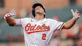 Orioles shortstop Gunnar Henderson celebrates after hitting a home run against the Tampa Bay Rays during the first inning.