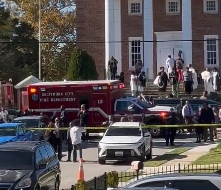 Screenshot from Ring camera footage shooting a funeral on West Overlea Avenue that broke out into a large melee and ended with a 25-year-old man being shot in front of a church on Saturday, Oct. 24, 2026.