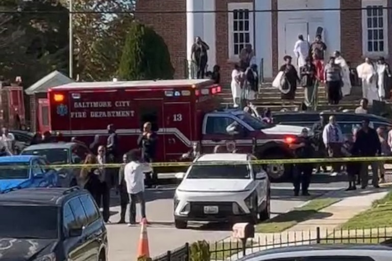 Screenshot from Ring camera footage shooting a funeral on West Overlea Avenue that broke out into a large melee and ended with a 25-year-old man being shot in front of a church on Saturday, Oct. 24, 2026.