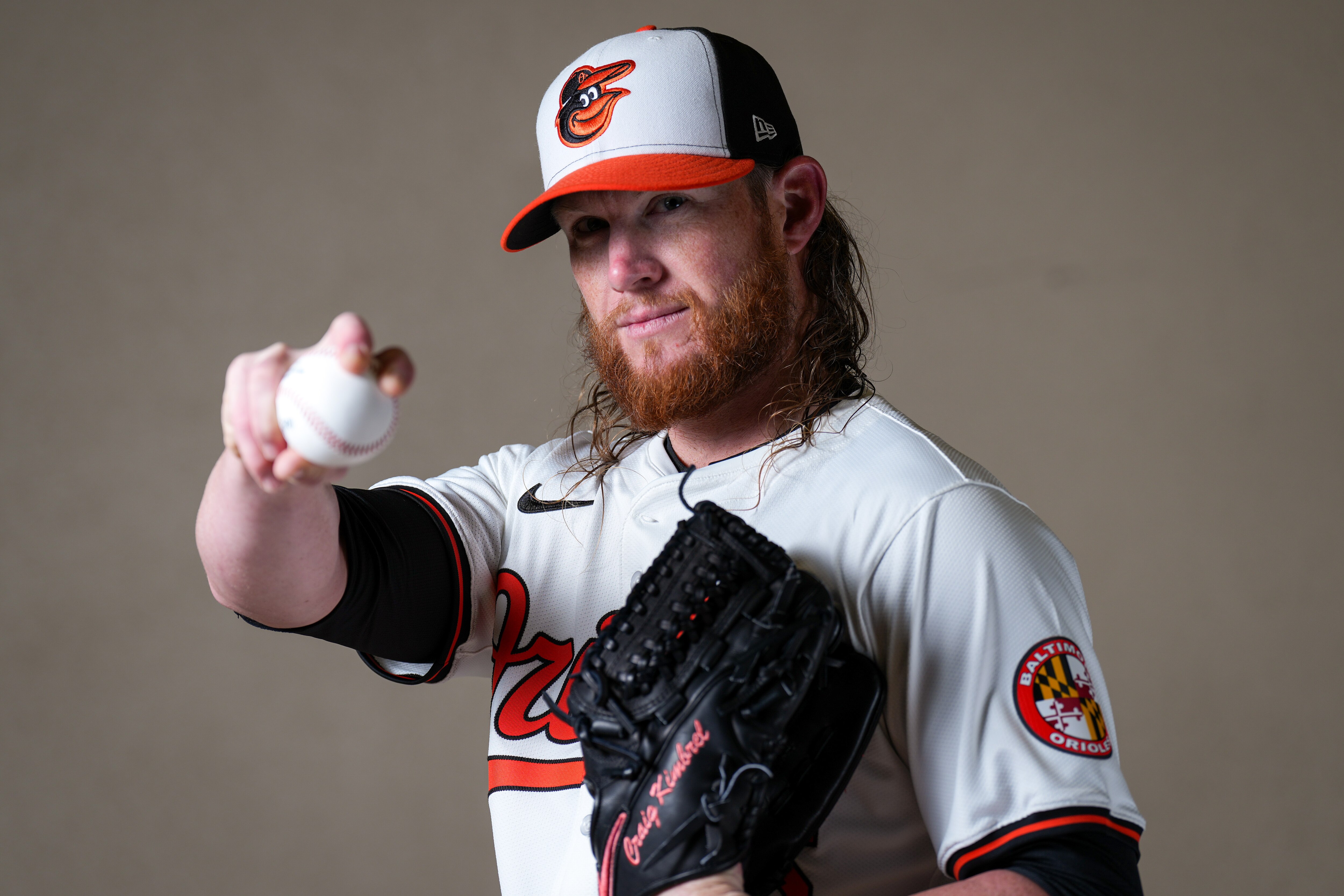 Baltimore Orioles relief pitcher Craig Kimbrel (46) poses for a portrait during the Baltimore Orioles’ team picture day during spring training at Ed Smith Stadium on Feb. 21, 2024.
