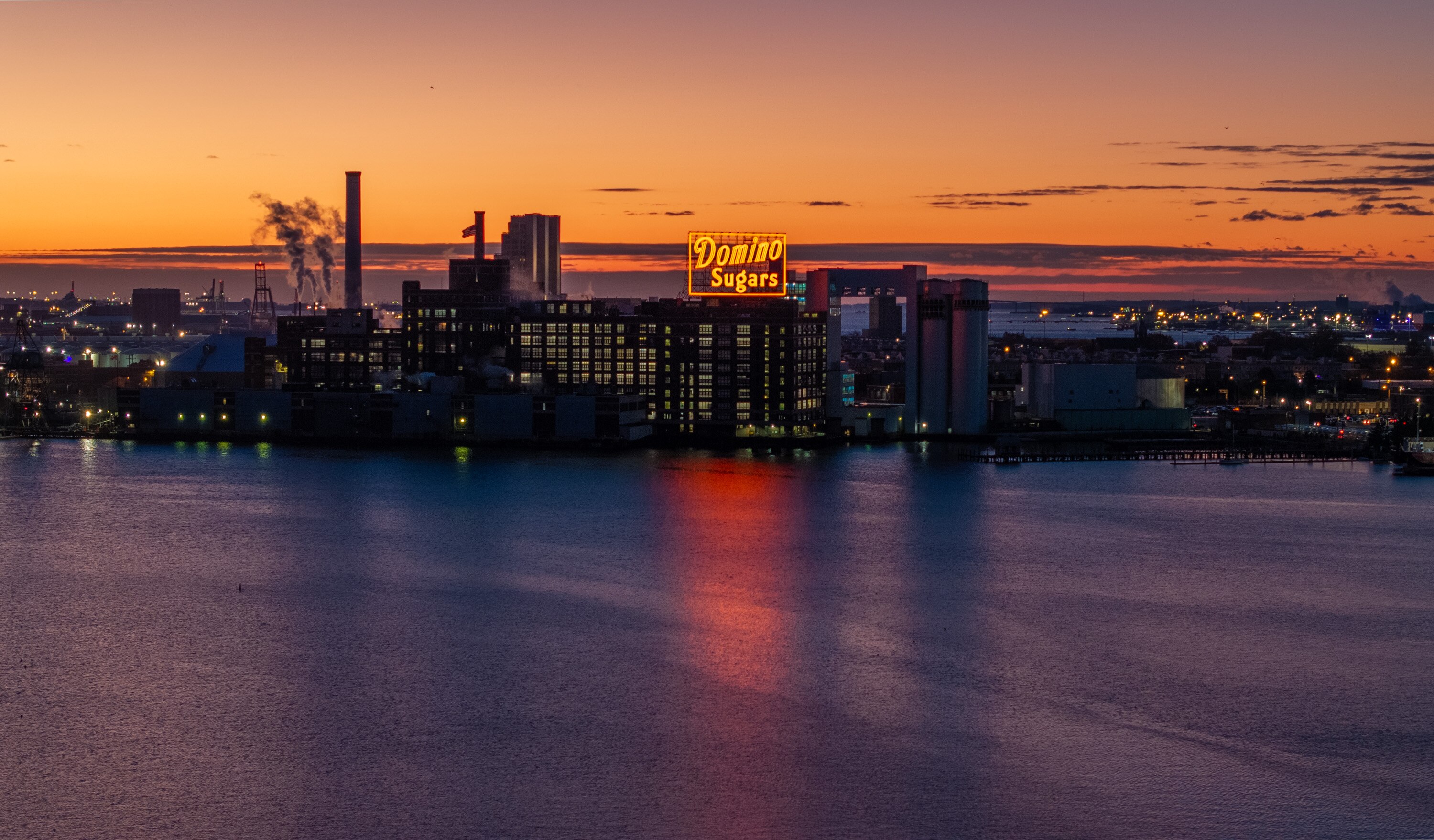 The Domino Sugars sign just before sunrise.