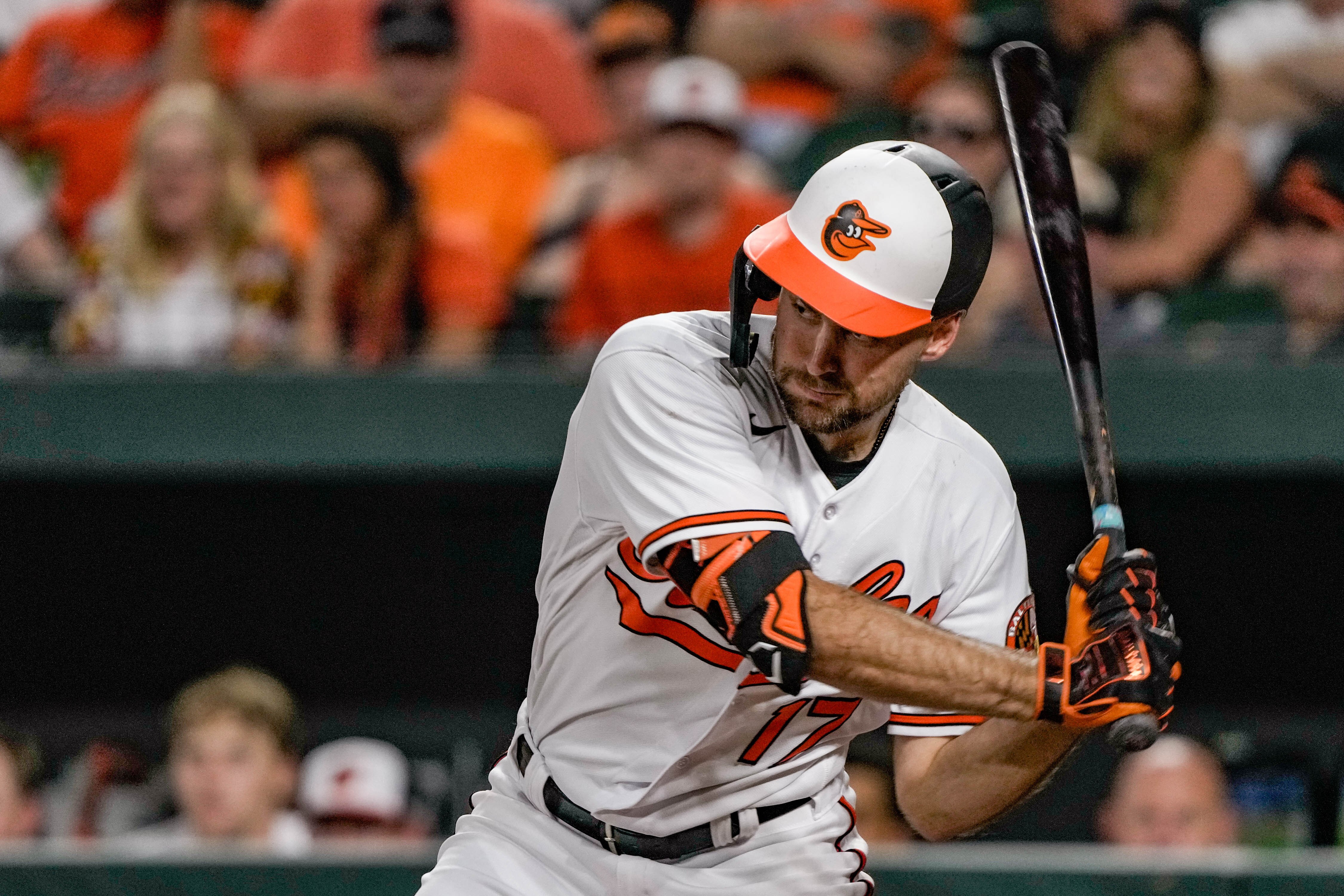 Orioles outfielder Colton Cowser swings for the ball during the second game of their series against the Yankees at Camden Yards on July 29, 2023.