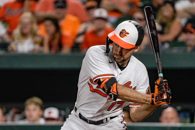 Orioles outfielder Colton Cowser swings for the ball during the second game of their series against the Yankees at Camden Yards on July 29, 2023.