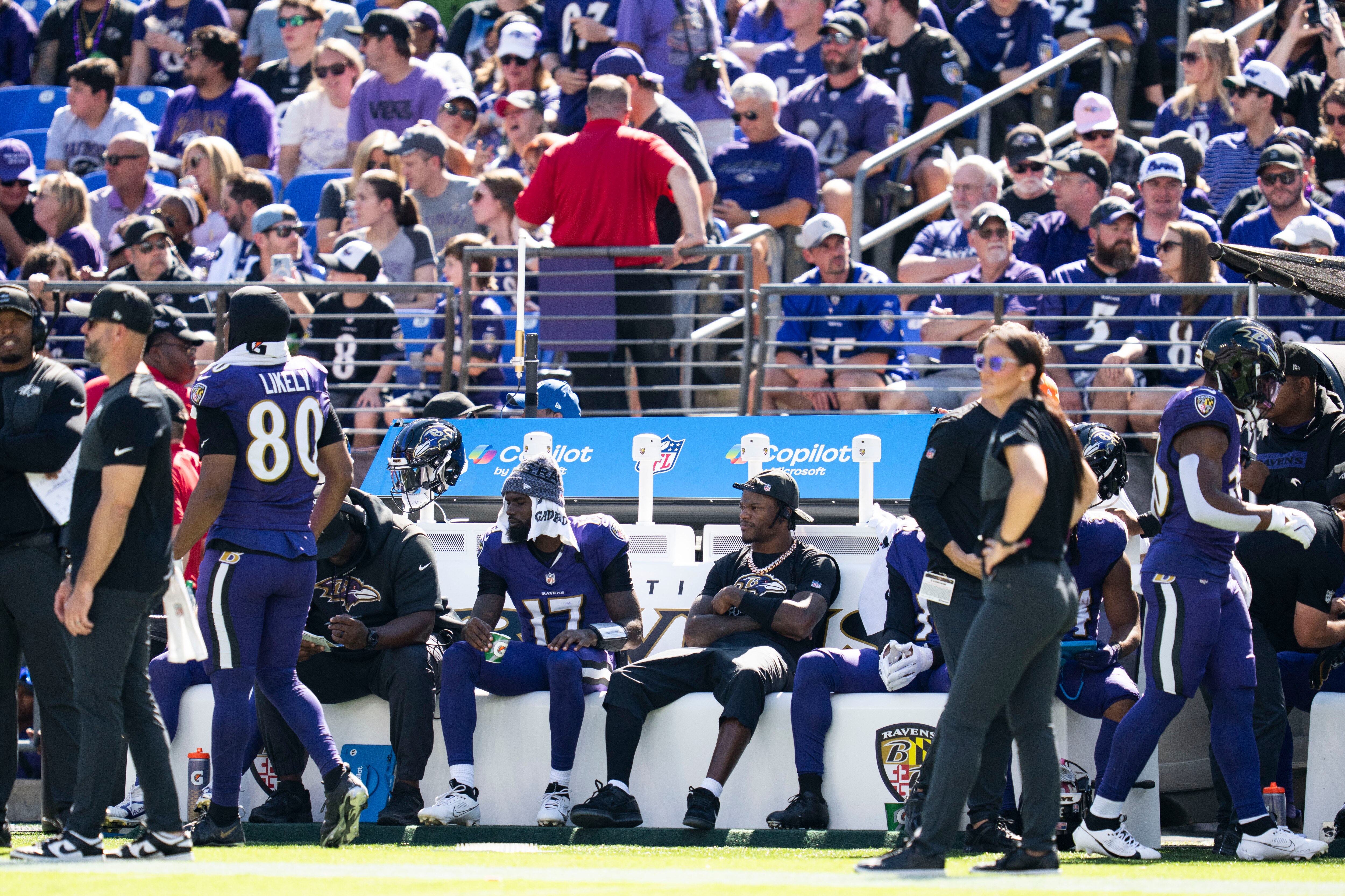 Ravens quarterback Lamar Jackson sits on the bench during the Week 5 game against the Houston Texans.