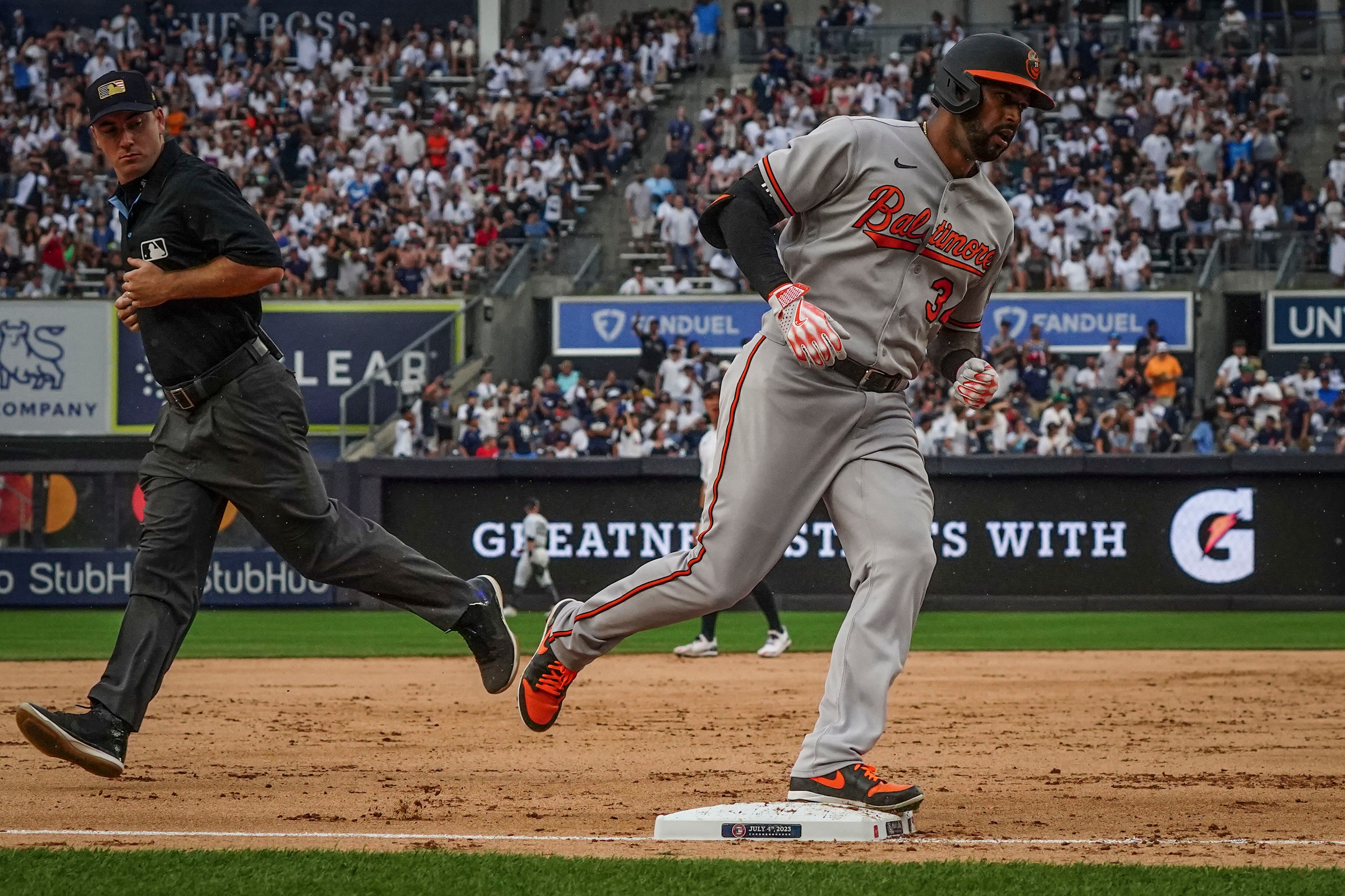 Baltimore Orioles' Aaron Hicks runs the bases after his fifth inning home run in a baseball game against the New York Yankees, Tuesday, July 4, 2023, in New York.