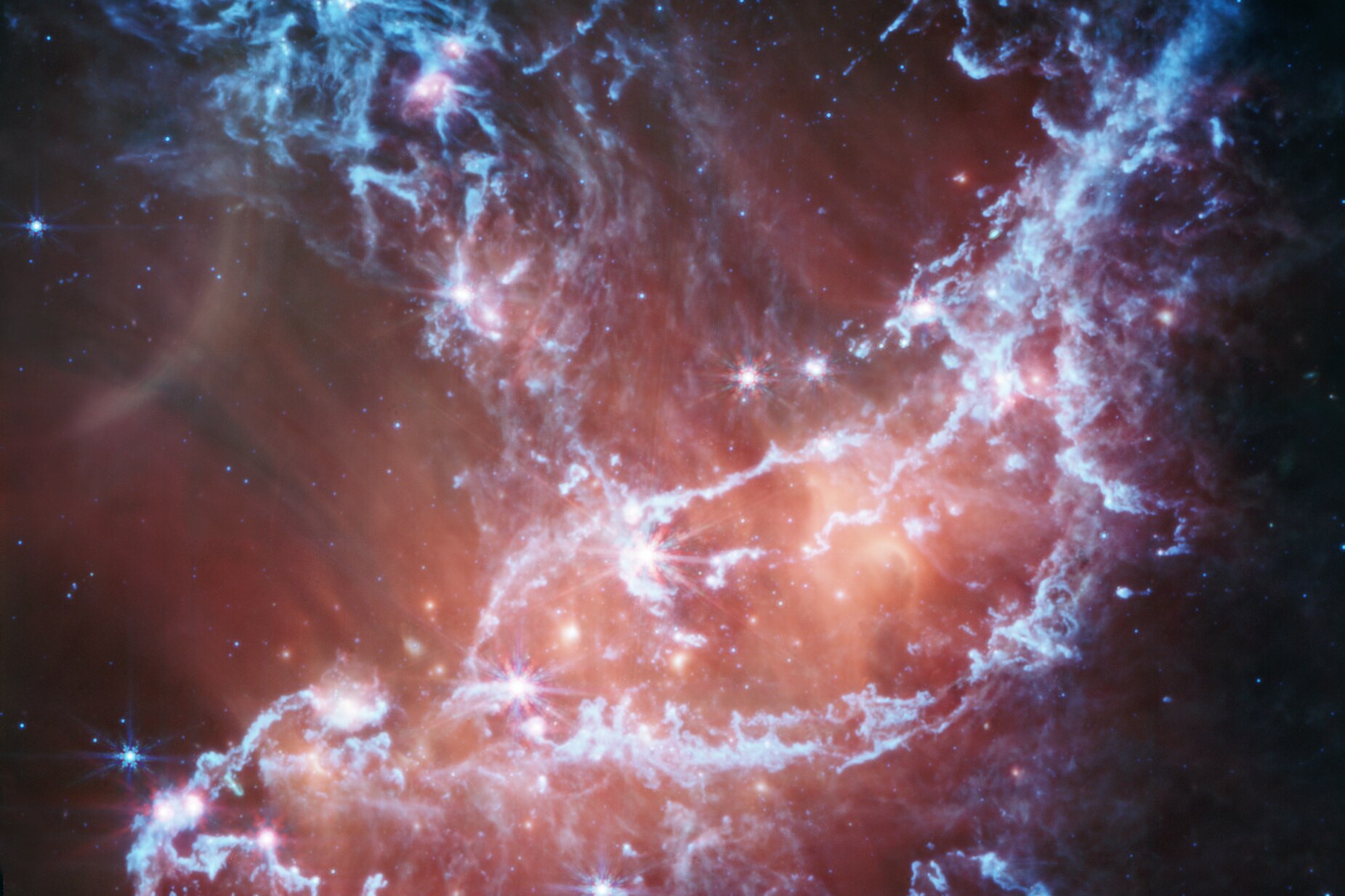 A new infrared image of NGC 346 from NASA’s James Webb Space Telescope’s Mid-Infrared Instrument (MIRI) traces emissions from cool gas and dust.