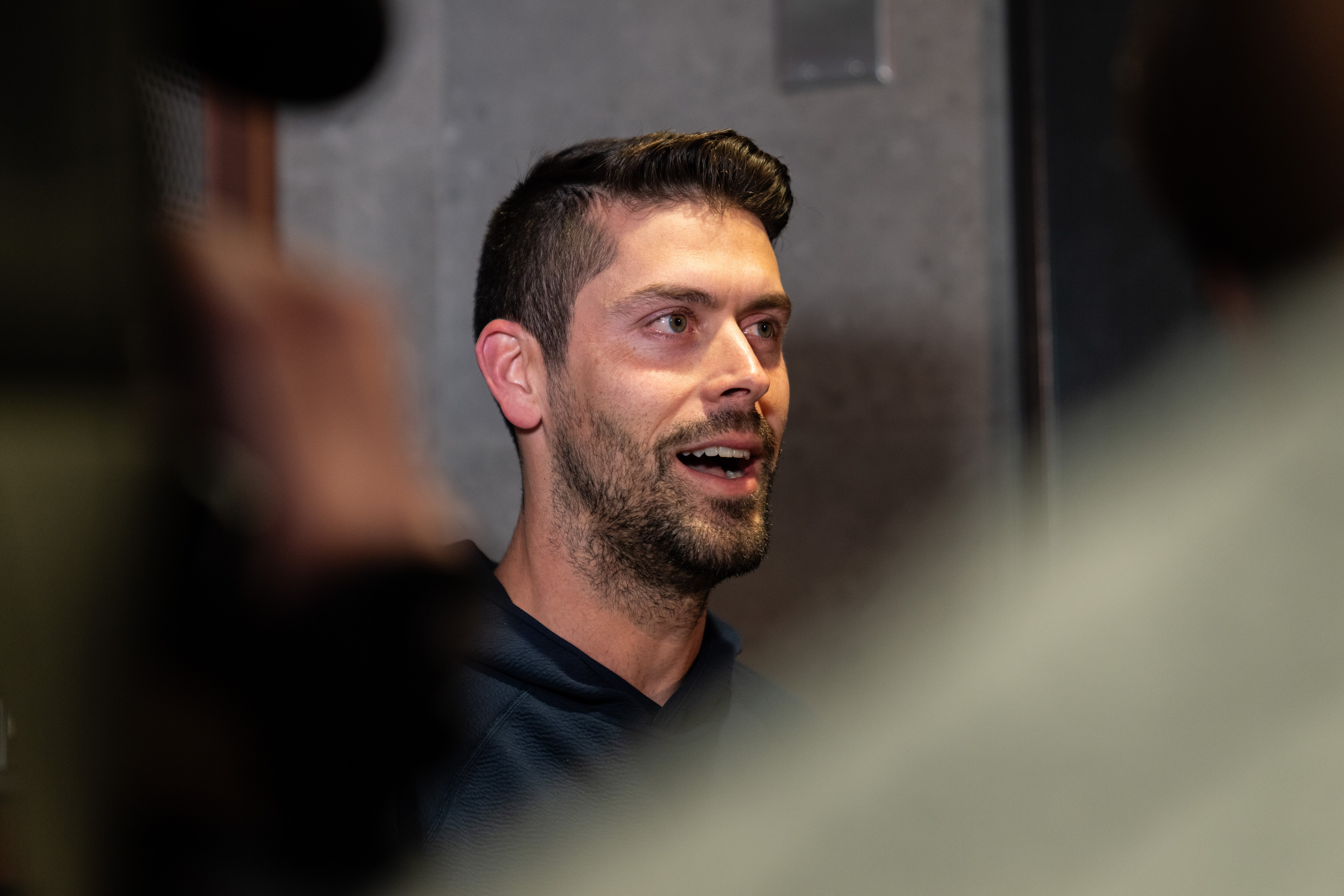 Ravens kicker Justin Tucker speaks with the media during locker room clean out on Monday, Jan. 29, 2024.