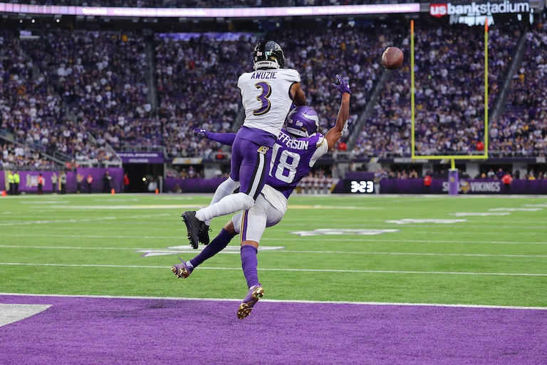 MINNEAPOLIS, MINNESOTA - NOVEMBER 09: Chidobe Awuzie #3 of the Baltimore Ravens breaks up a two point conversion pass intended for Justin Jefferson #18 of the Minnesota Vikings during the fourth quarter in the game at U.S. Bank Stadium on November 09, 2025 in Minneapolis, Minnesota.