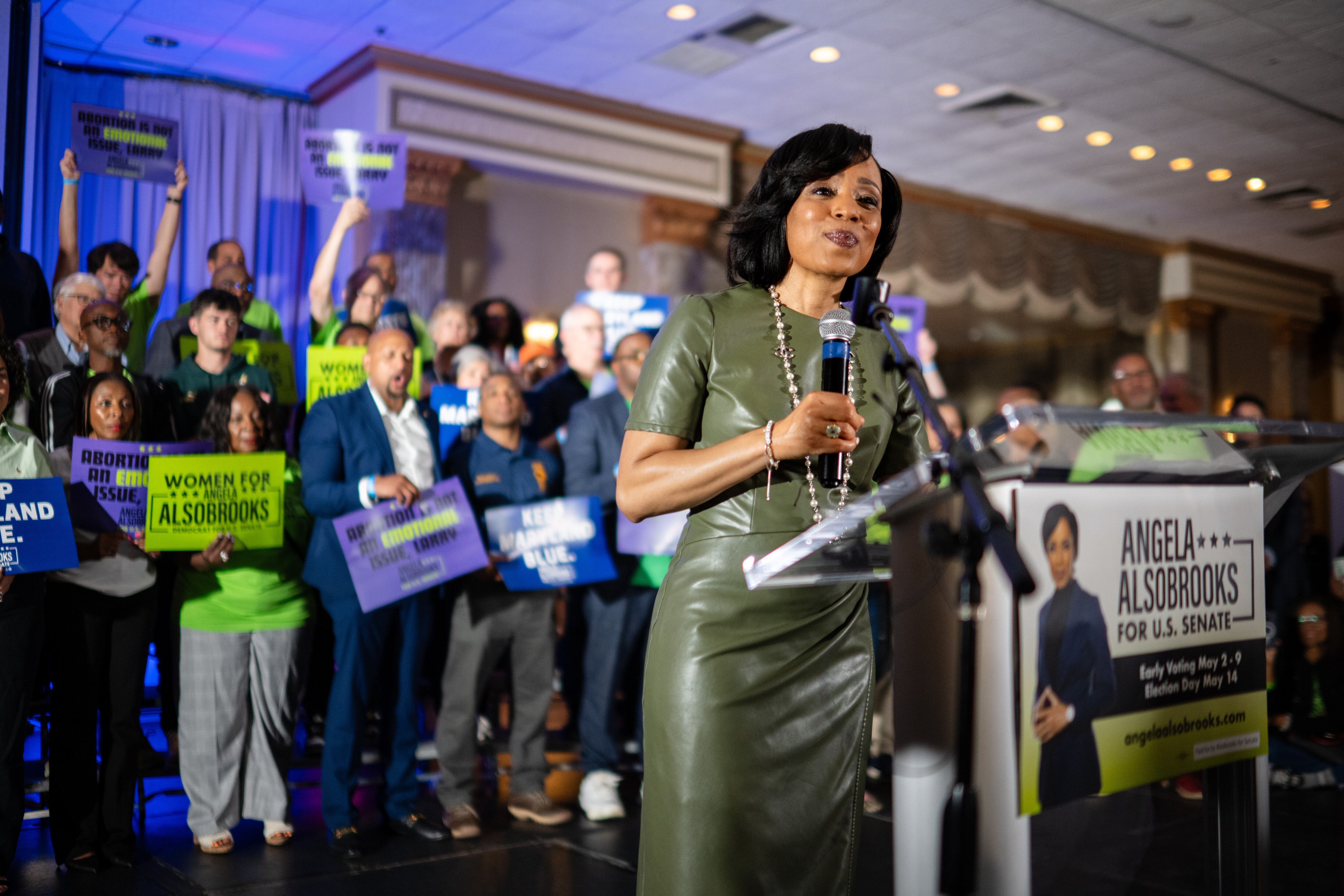 Senate Candidate Angela Alsobrooks speaks at her election night party held on 5/14/24 in Greenbelt, MD.