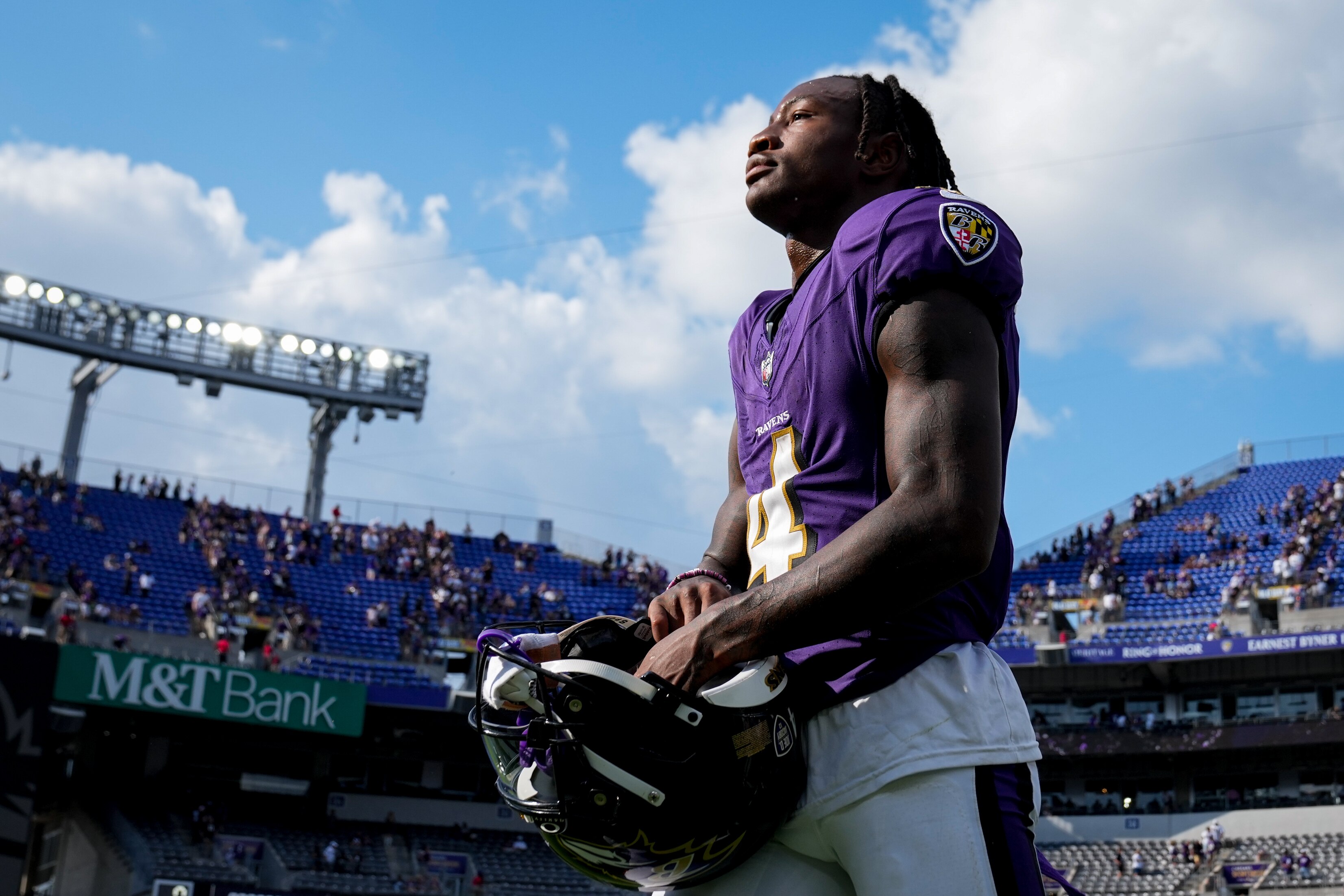 Baltimore Ravens wide receiver Zay Flowers (4) walks off the field after he and the team lost their home opener against the Las Vegas Raiders at M&T Bank Stadium in Baltimore on Sunday, September 15, 2024.