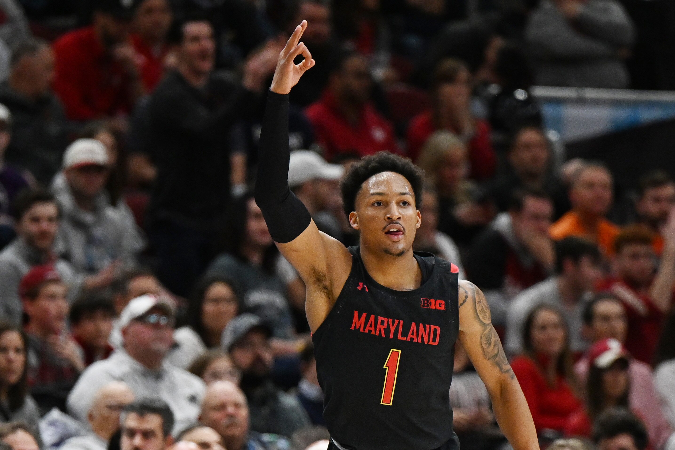 CHICAGO, ILLINOIS - MARCH 10: Jahmir Young #1 of the Maryland Terrapins reacts after scoring against the Indiana Hoosiers during the first half in the quarterfinals of the Big Ten Tournament at United Center on March 10, 2023 in Chicago, Illinois.