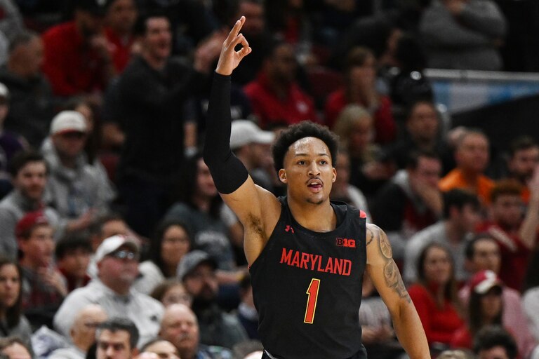 CHICAGO, ILLINOIS - MARCH 10: Jahmir Young #1 of the Maryland Terrapins reacts after scoring against the Indiana Hoosiers during the first half in the quarterfinals of the Big Ten Tournament at United Center on March 10, 2023 in Chicago, Illinois.